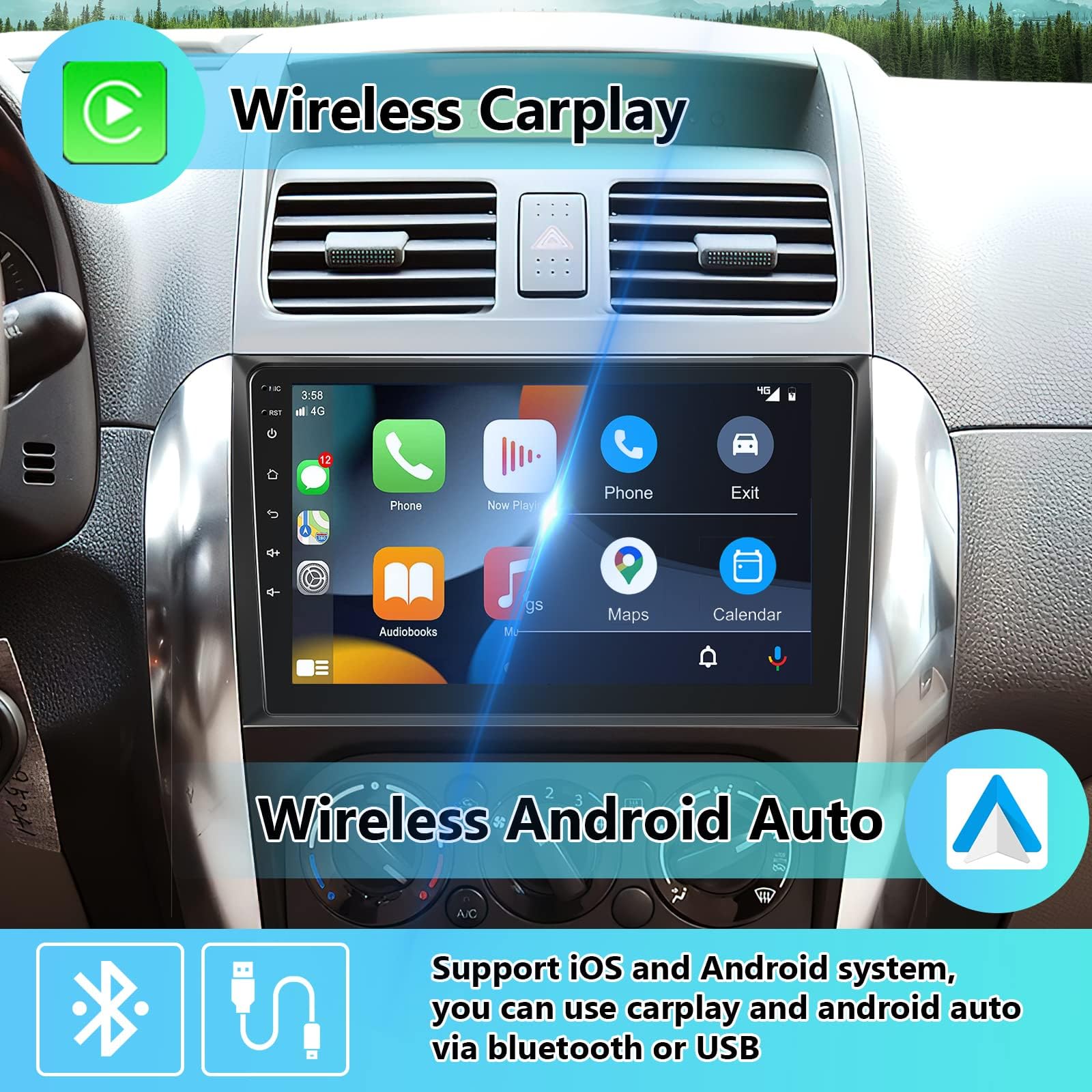 9 Inch Android Car Stereo for Suzuki SX4 2006-2013 - Wireless Apple CarPlay & Android Auto, Bluetooth, GPS Navigation, WiFi, HiFi Audio, FM, Steering Wheel Control, USB, HD Backup Camera - Perfect for Road Trips & Daily Commuting