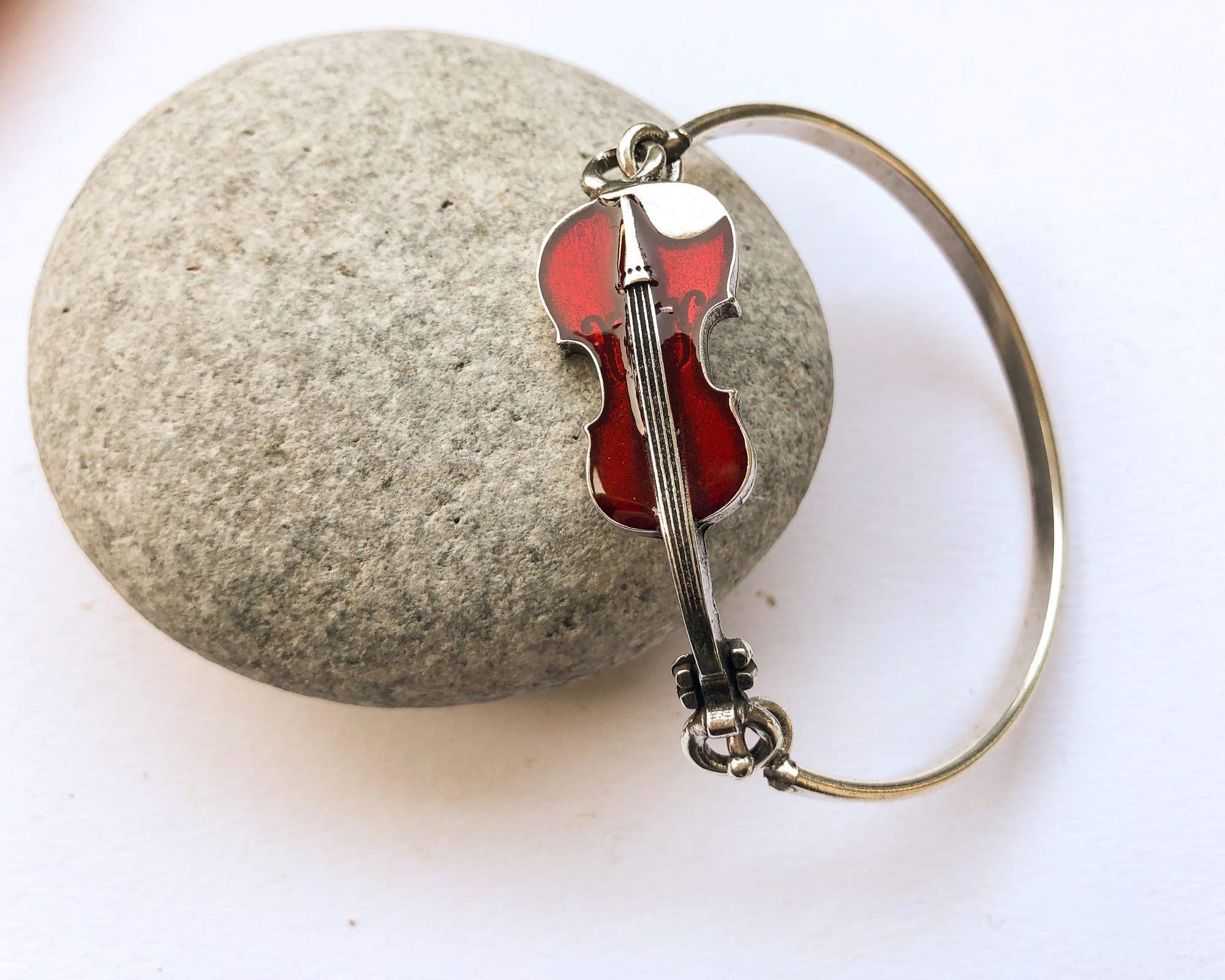 Elegant Red Glaze Silver Violin Bangle Bracelet - Perfect for Classical Music Lovers, Orchestra Performances & Special Occasions