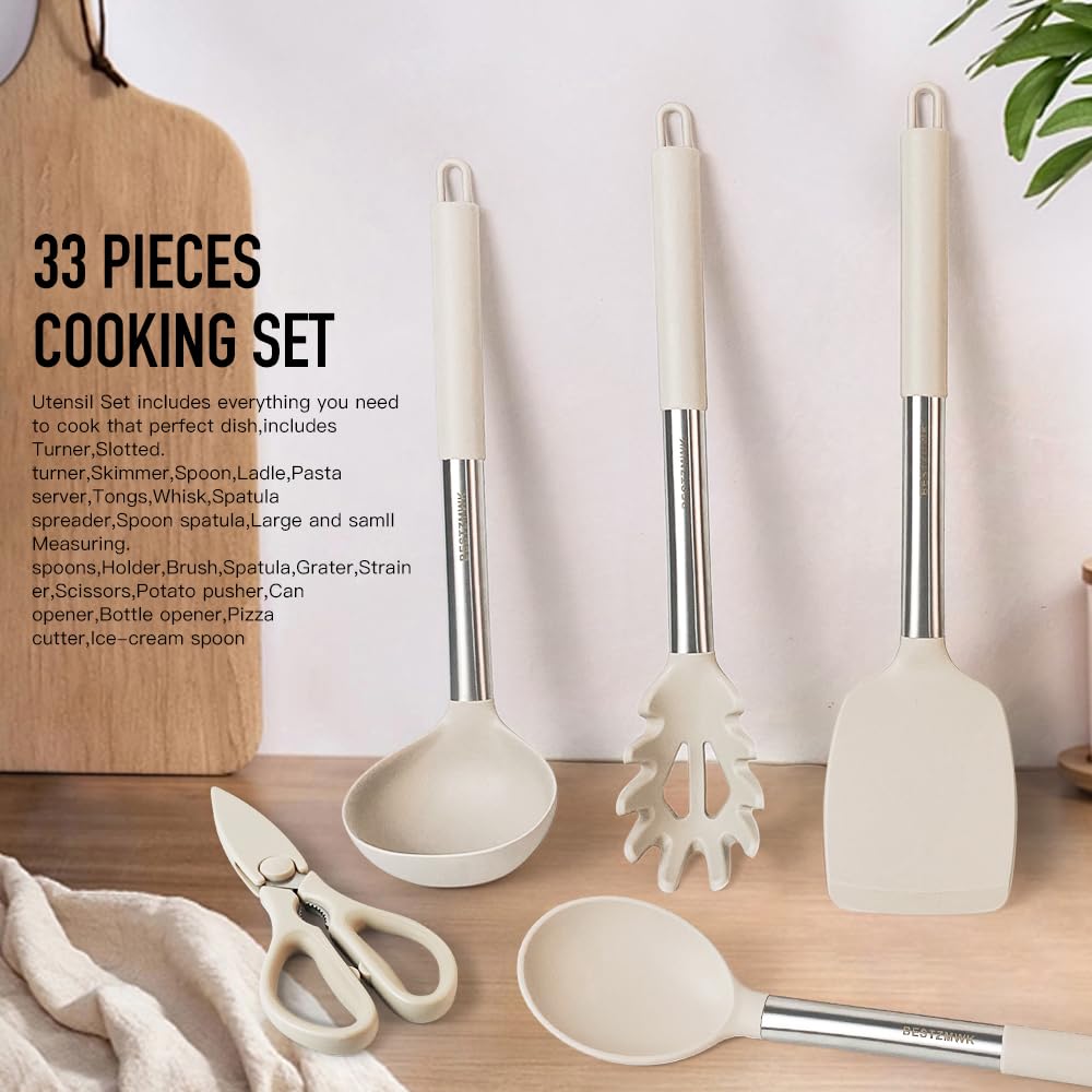 33-Piece Non-Stick Silicone Kitchen Utensil Set with Stainless Steel Handles & Holder - Spatulas, Ladles, Tongs for Cooking & Baking - Perfect for Home Chefs & Professional Kitchens (Khaki)