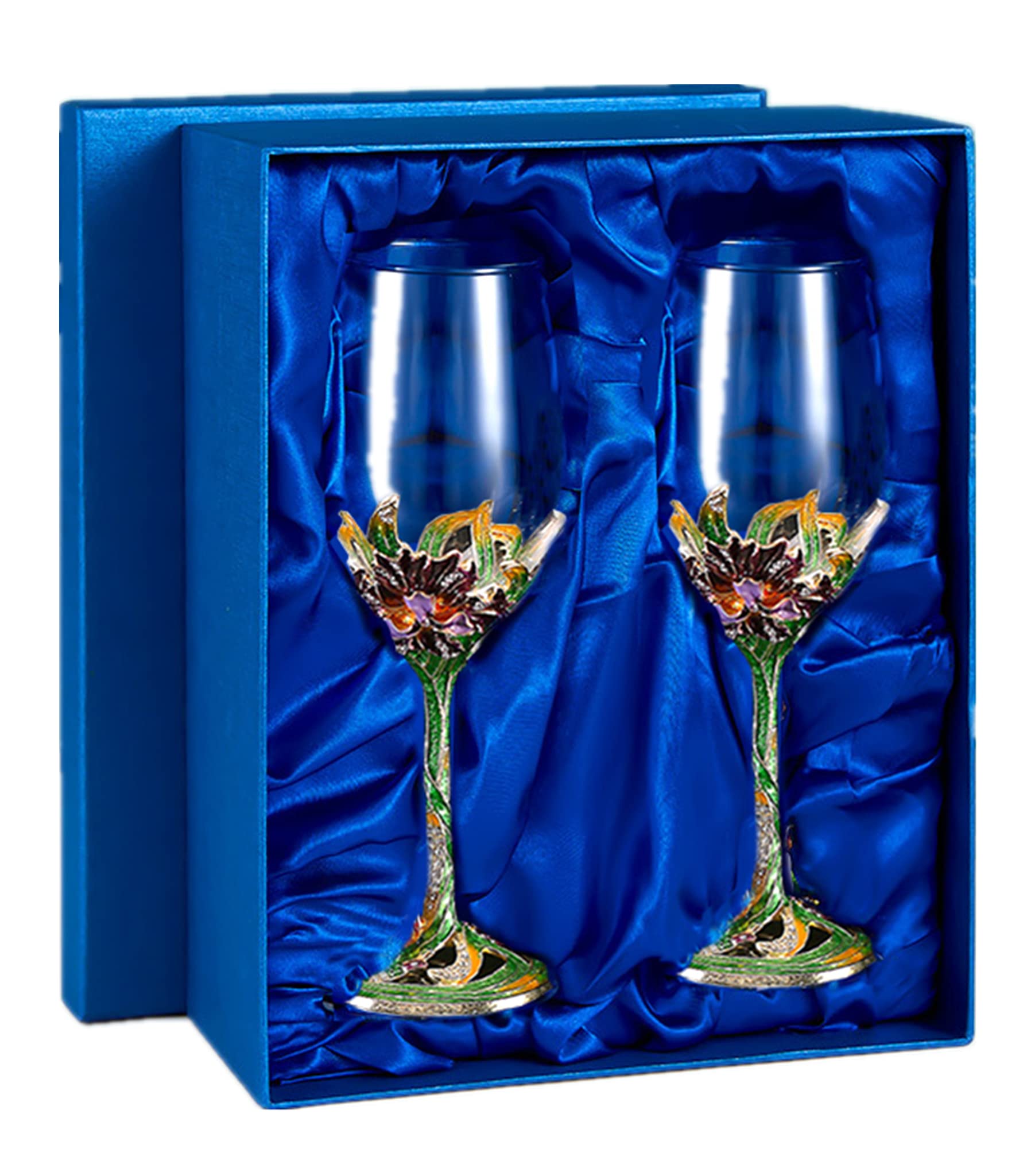 Premium Crystal Wine Glasses Set - Elegant Floral Enamel Champagne & Red Wine Goblets (Green, 2-Piece Gift Box) - Perfect for Weddings, Dinner Parties & Romantic Gifts