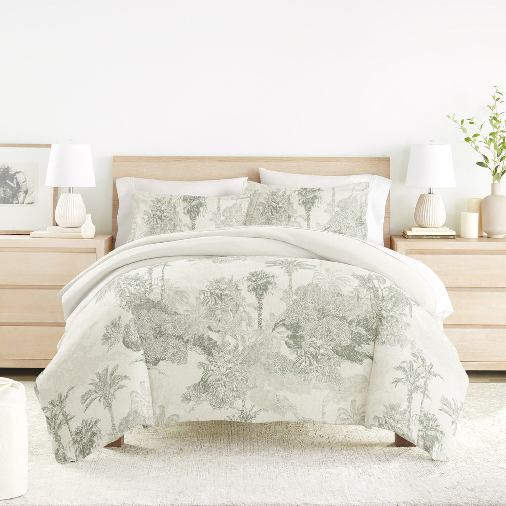 Paradise Floral Toile Pattern 3-Piece Reversible Duvet Cover Set - Queen Size Bedding for Master Bedroom & Guest Room Decor