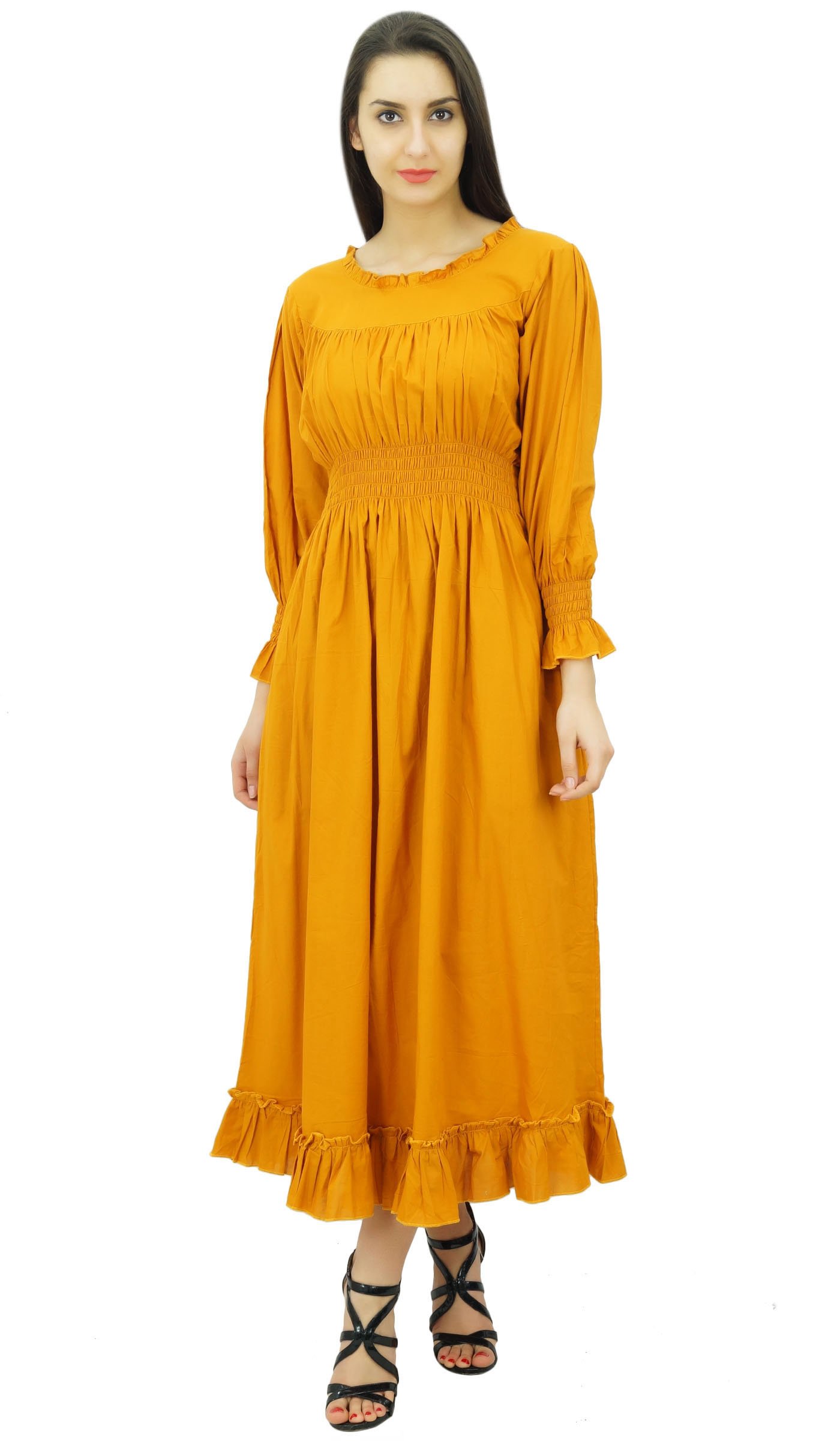 Bimba Women's Cotton Smocked Waist Long Casual Maxi Dress - Flowy Summer Beach Dress for Vacation, Party & Everyday Wear