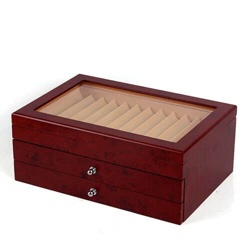 3 Layer Wooden Flannel Pen Storage Box with Glass Lid - 34 Slot Portable Pen Organizer for Collectors, Shops & Home Use - Perfect for Displaying Pens on Desks, Counters & Gift Packaging (Red)