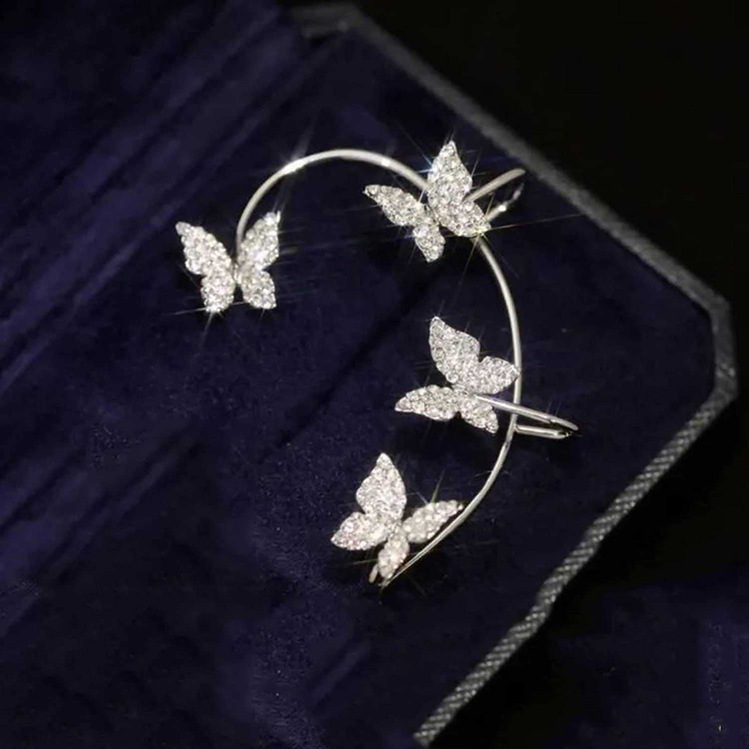 Sparkling Zircon Butterfly Ear Cuff Earrings for Women - Vintage Wrap Around Dangle Earrings Without Piercing (Silver, 1 Pair) | Perfect for Parties, Weddings & Everyday Elegant Style