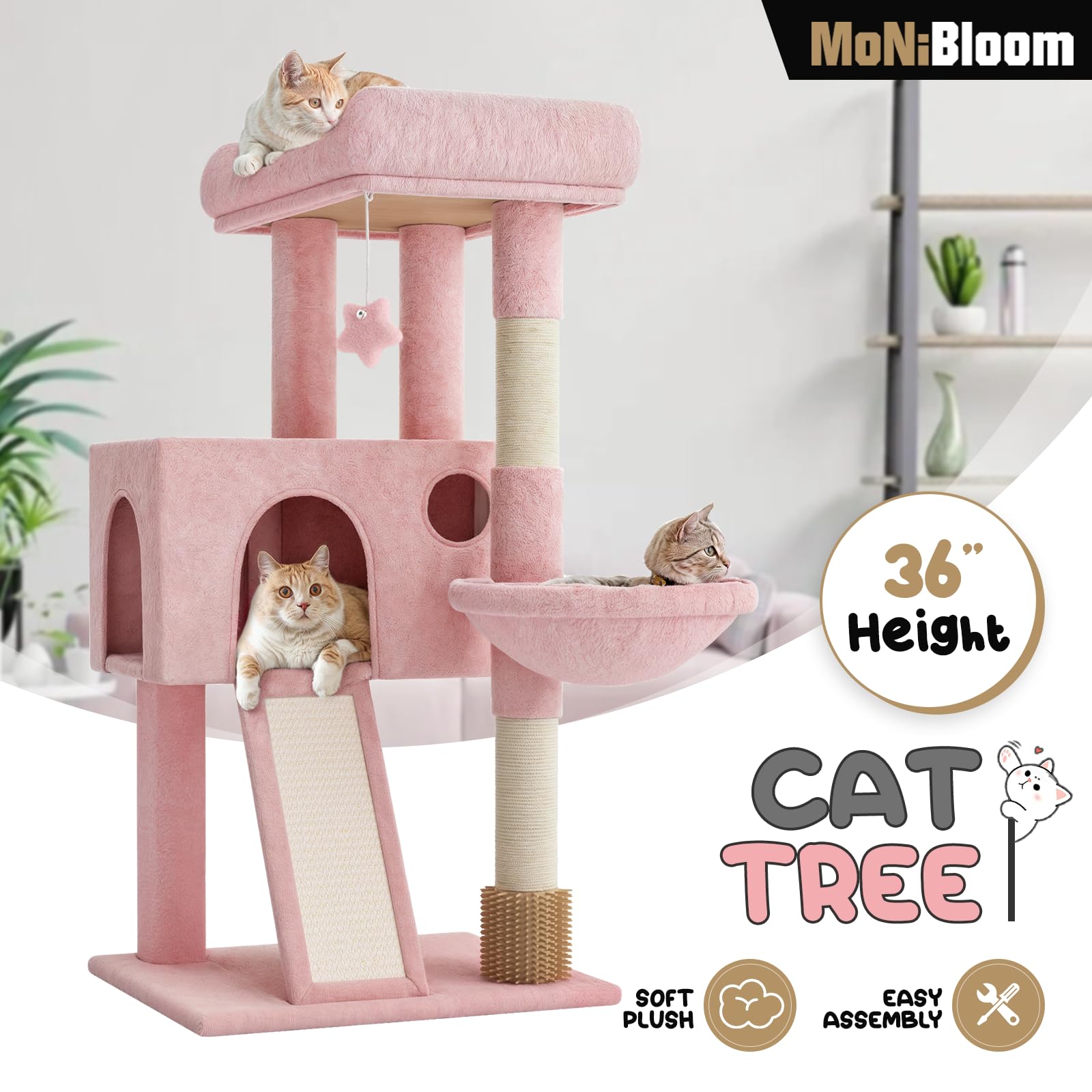 MoNiBloom 36 Inch Cat Tree Tower with Condo, Scratching Post & Sisal Board - Multi-Level Cat Climbing Furniture with Hammock for Indoor Cats (Soft Pink) - Perfect for Small Spaces, Apartments & Playful Kittens
