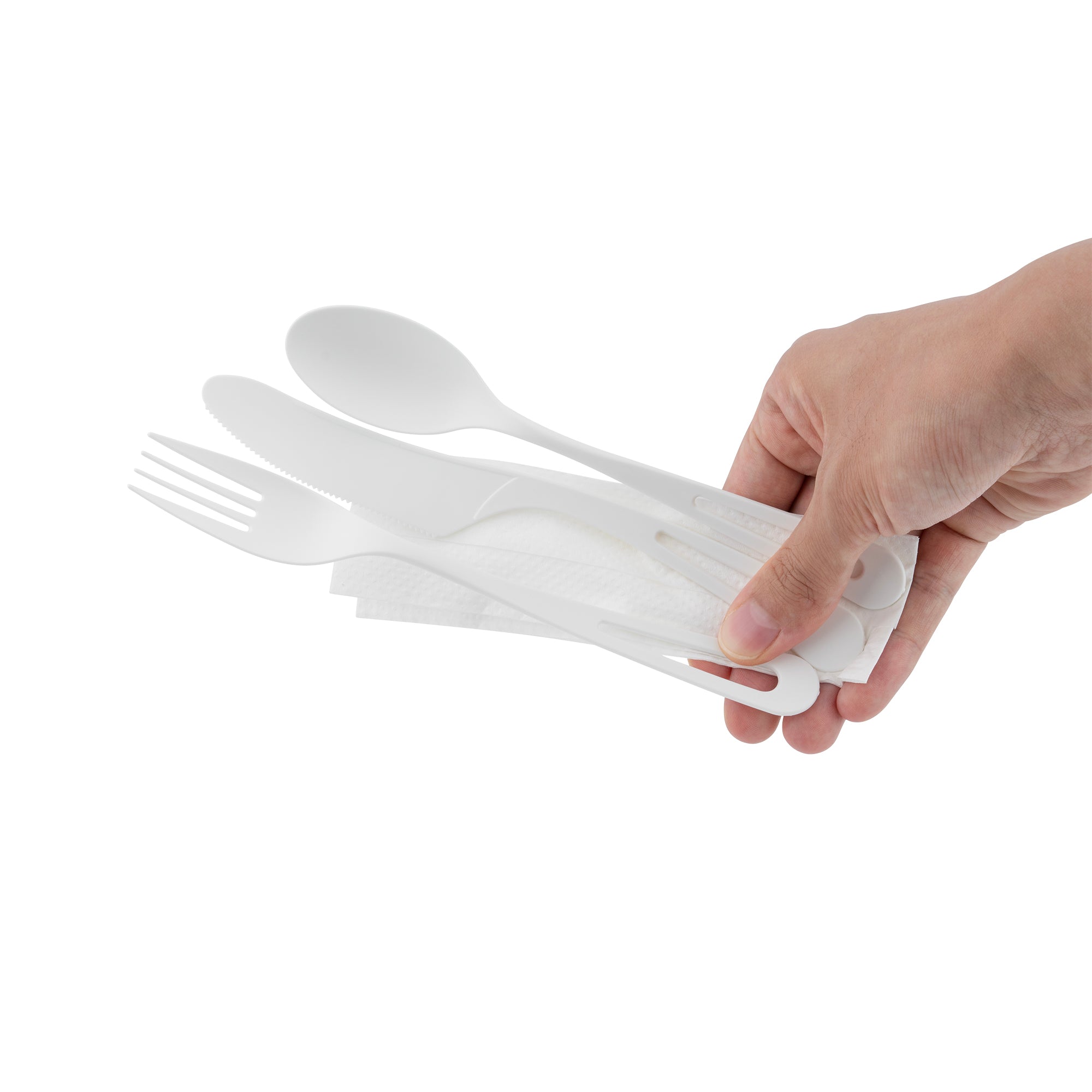 Eco-Friendly Compostable CPLA Plastic Cutlery Set - 100-Piece Box with Heat-Resistant Forks, Knives & Spoons | Includes White Napkins & Biodegradable Wrapper | Perfect for Parties, Picnics & Takeout Meals