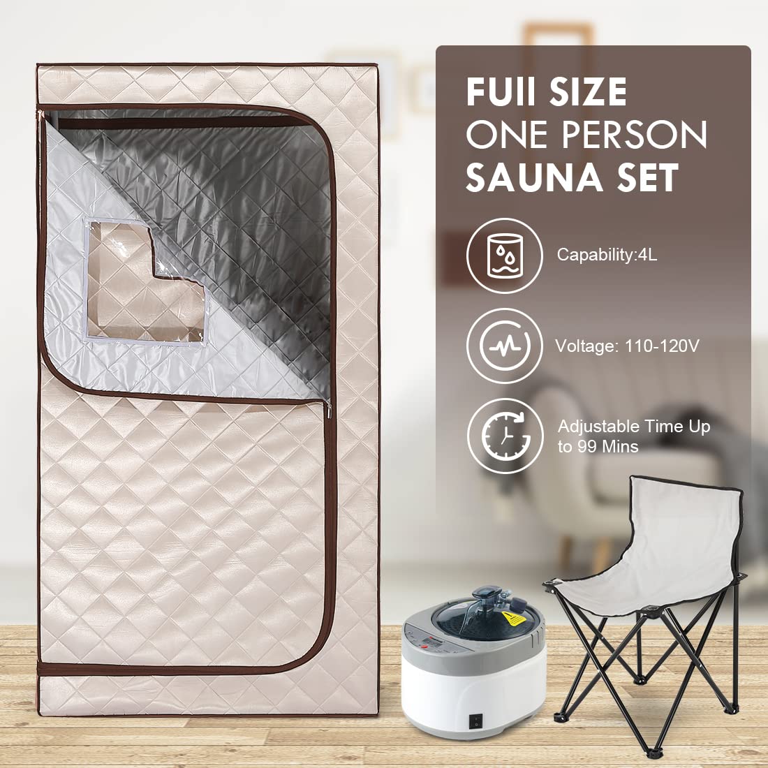Smartmak Portable Home Steam Sauna - Full Size Personal Sauna Spa Box with 1500W Steam Generator, 4L Water Tank & 99 Min Timer | Foldable Chair & Mat Included | Remote Control | Beige Brown | Perfect for Home Relaxation, Detox & Muscle Recovery
