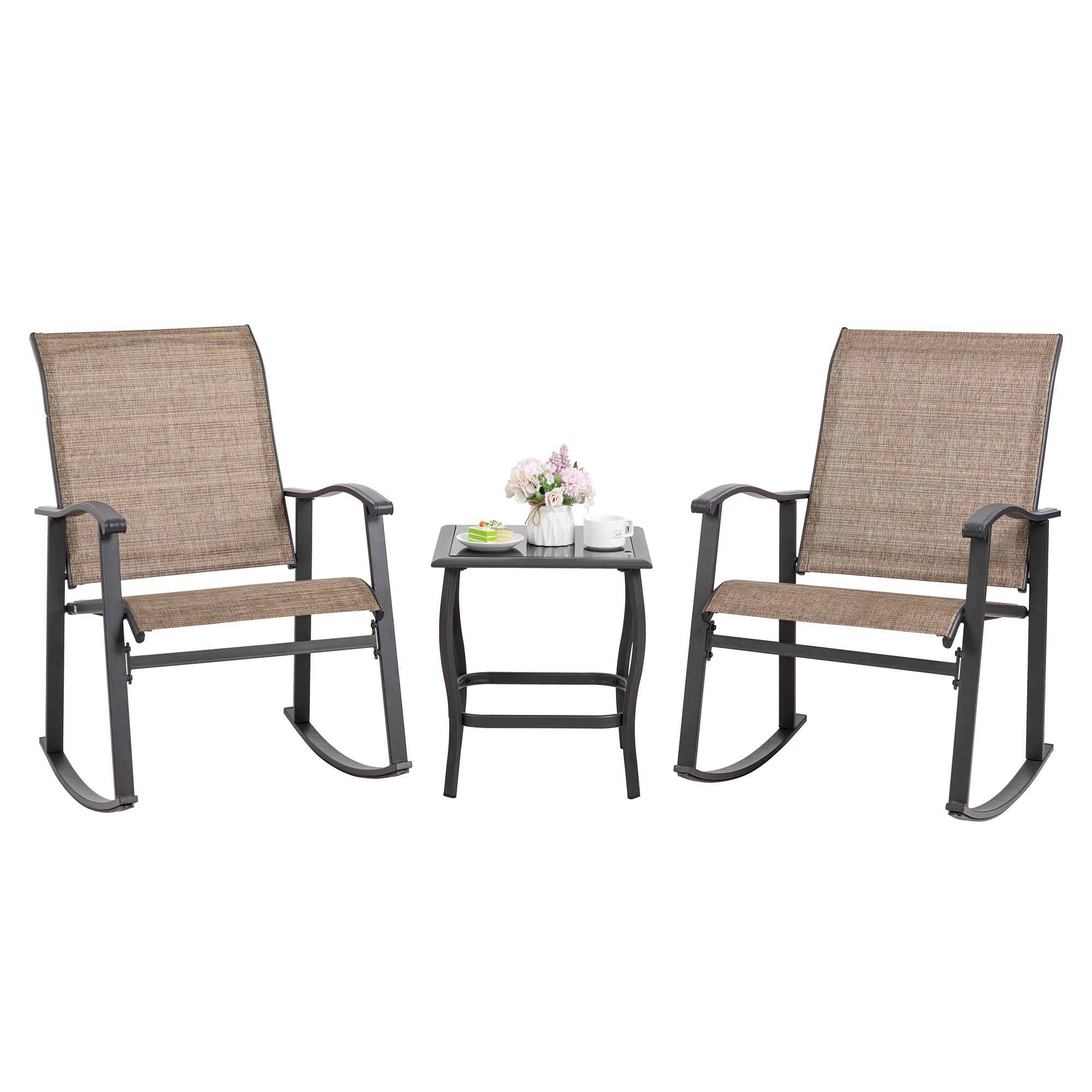 Shintenchi 3-Piece Outdoor Rocking Bistro Set with Rocker Chairs & Glass Coffee Table - Brown Patio Furniture for Small Spaces, Balcony & Porch - Perfect for Relaxing, Entertaining & Enjoying Morning Coffee