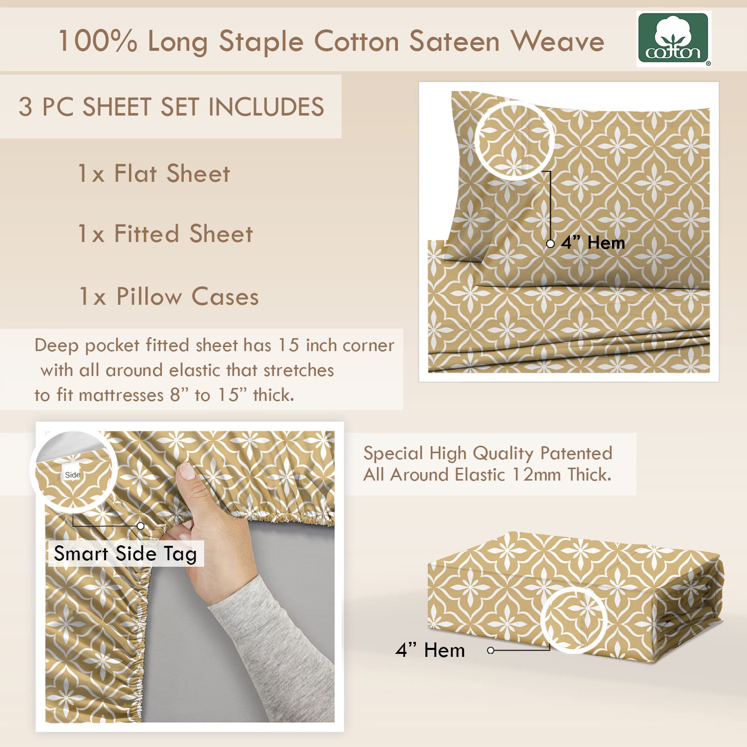 Pizuna Pure 100% Cotton Twin Size Sheets - 400 Thread Count Long Staple Cotton Sateen Bedding Set with 15