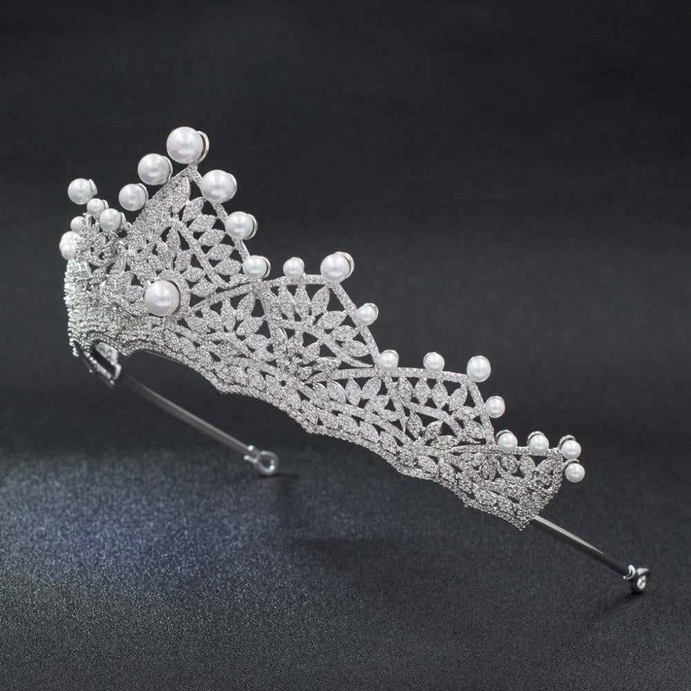 Elegant Cubic Zirconia Wedding Pearl Tiara - Royal Bridal Headpiece for Women CH10127 | Perfect for Bridal Showers, Weddings & Special Occasions