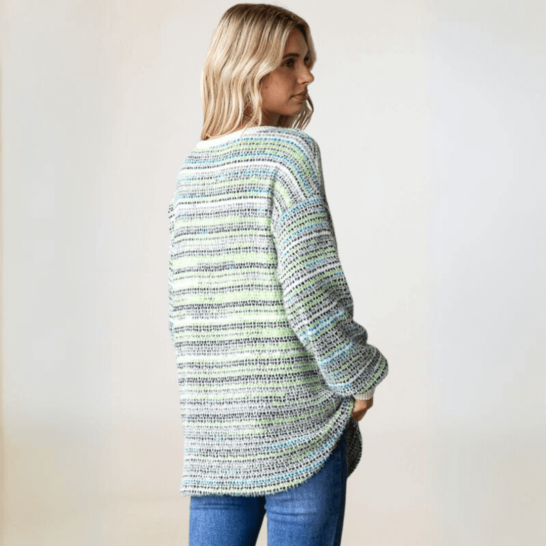 Cozy Striped Henley Sweater for Women - Soft Fuzzy Knit Pullover - Fall Winter Casual Wear - Perfect for Layering & Outdoor Activities