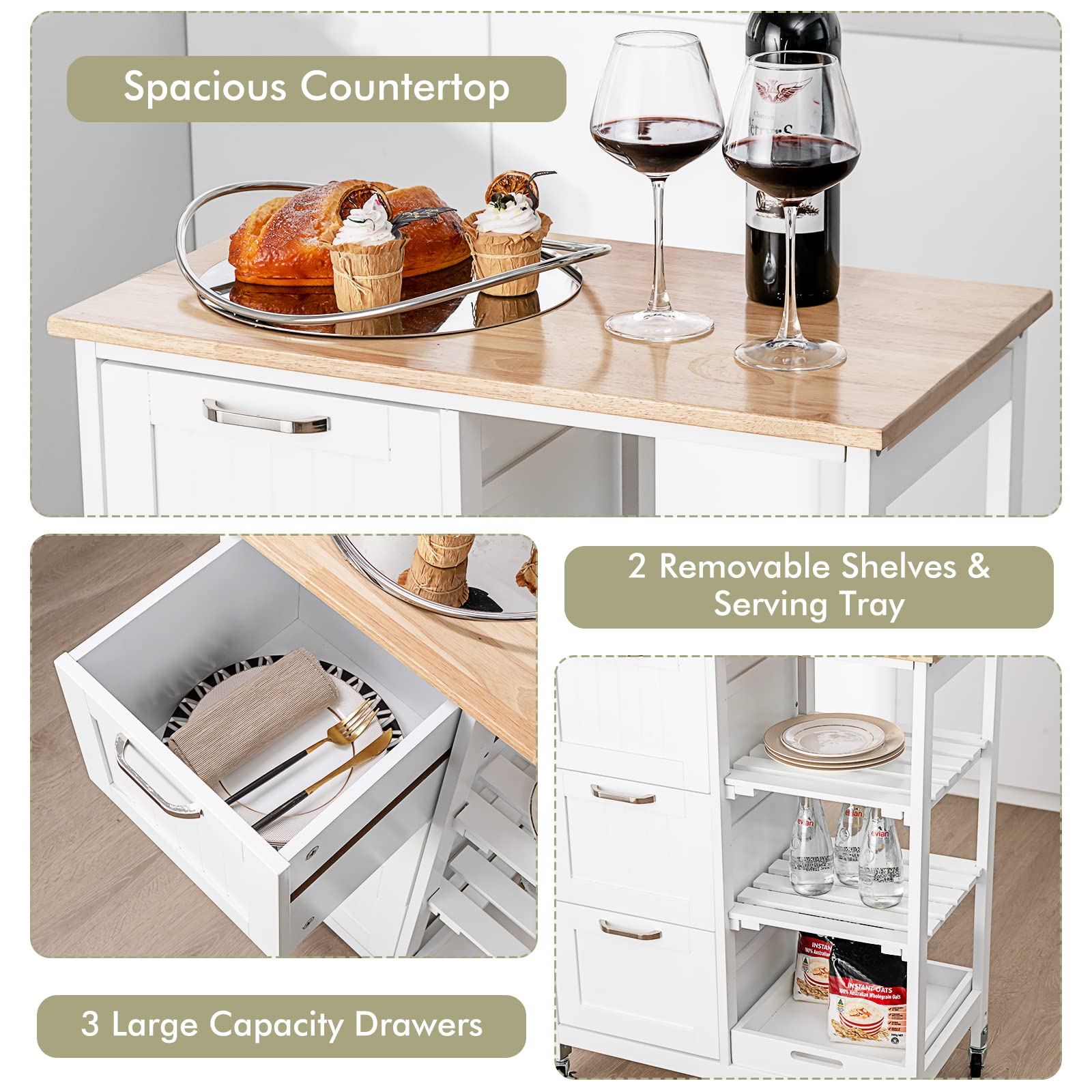 PETSITE White Kitchen Island Cart with Wheels - Rolling Storage Cart with Drawers & Shelves for Small Spaces, Mobile Kitchen Organizer for Cooking, Baking & Entertaining - Perfect for Apartments & Small Kitchens