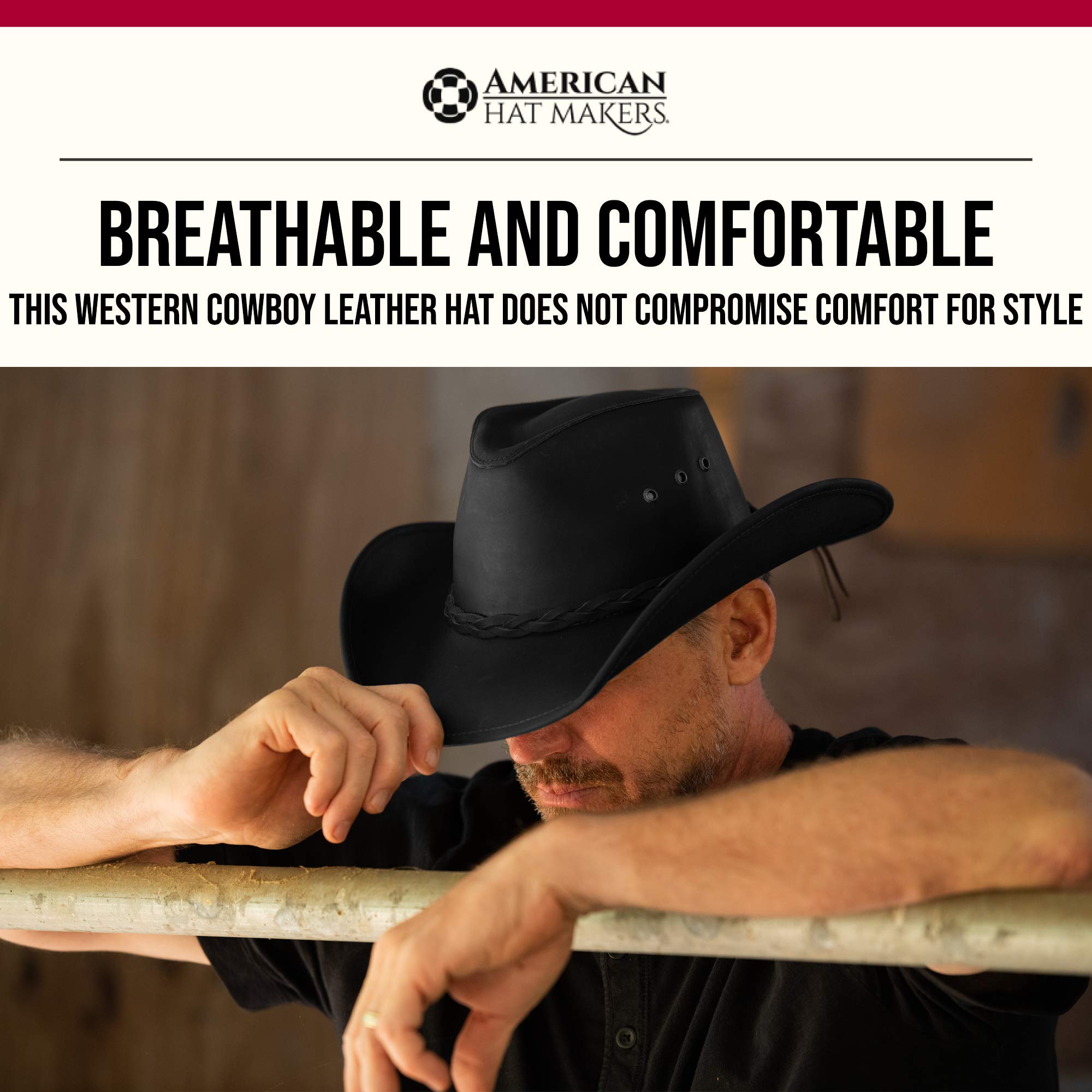 American Hat Makers Hollywood Leather Cowboy Hat — Handcrafted 100% Premium Leather, Breathable Design, Brown Western Hat for Men & Women | Perfect for Rodeo, Country Music Festivals & Outdoor Adventures