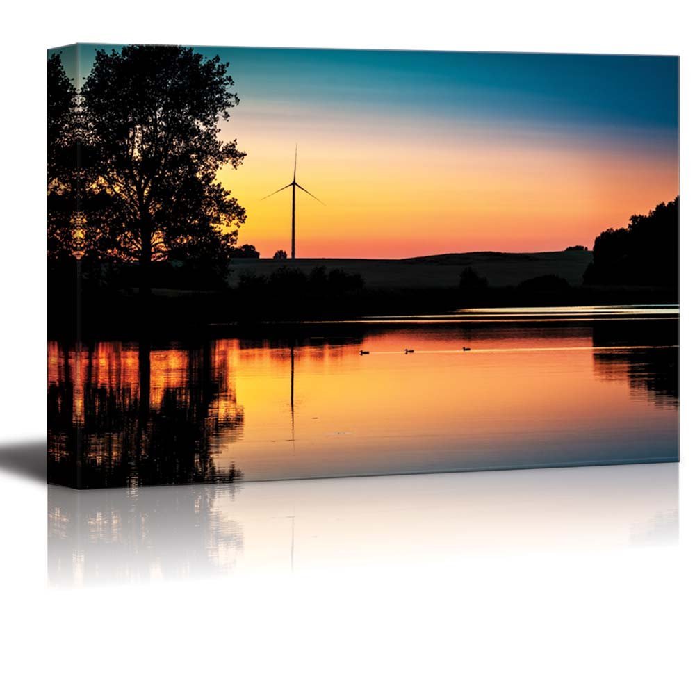 Wind Turbine Sunset Lake Canvas Print - Modern Wall Art Decor for Living Room, Bedroom & Office | Stretched Gallery Wrap Giclee Ready to Hang - 12x18 Inch - Perfect for Coastal, Farmhouse or Nature Inspired Home Decor