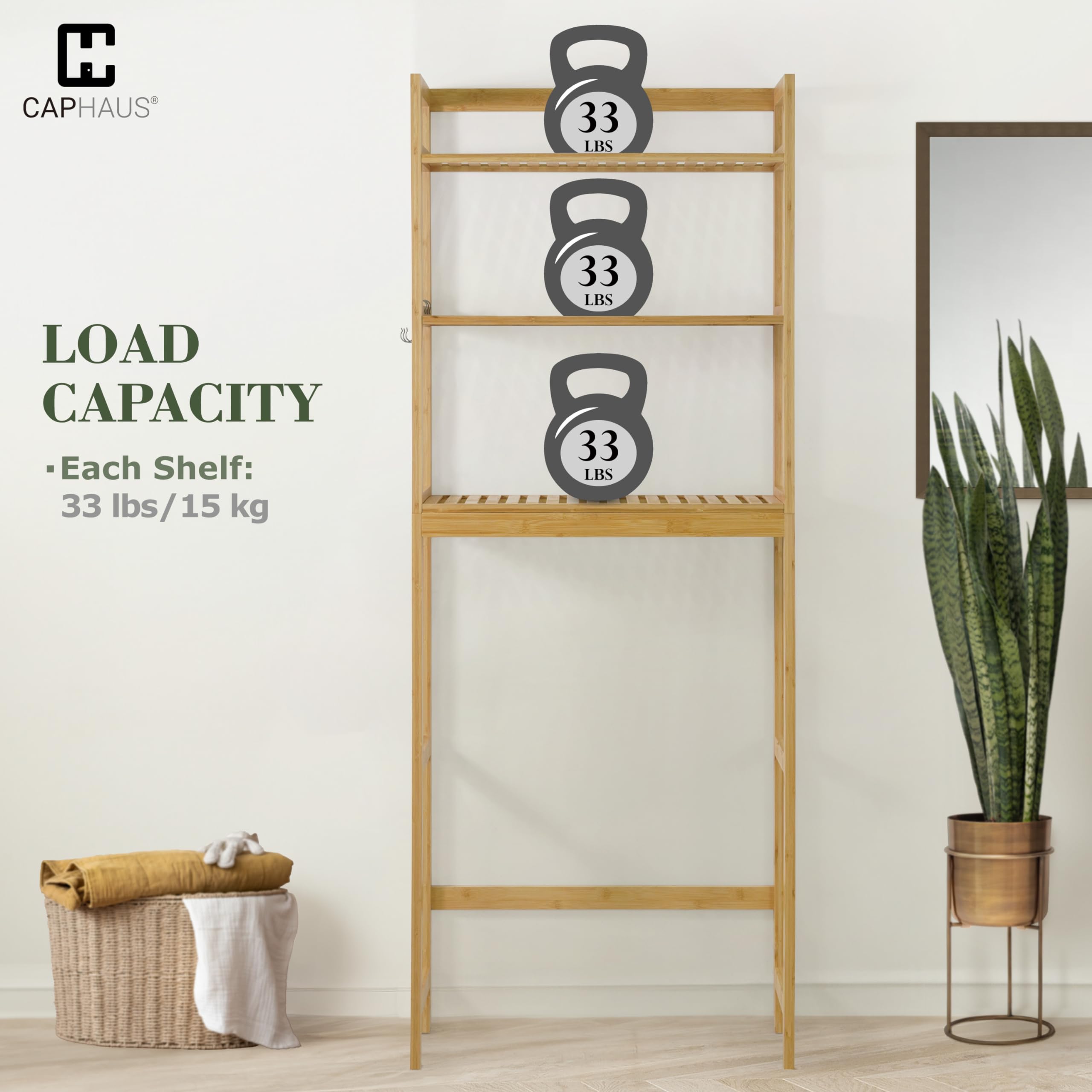 CAPHAUS 24-Inch Bamboo Over The Toilet Storage Shelf with Hooks & Adjustable Feet - Freestanding Bathroom Organizer Rack for Toilet Paper, Towels & Laundry - Perfect for Small Bathrooms, Balcony Plant Display & Home Decor