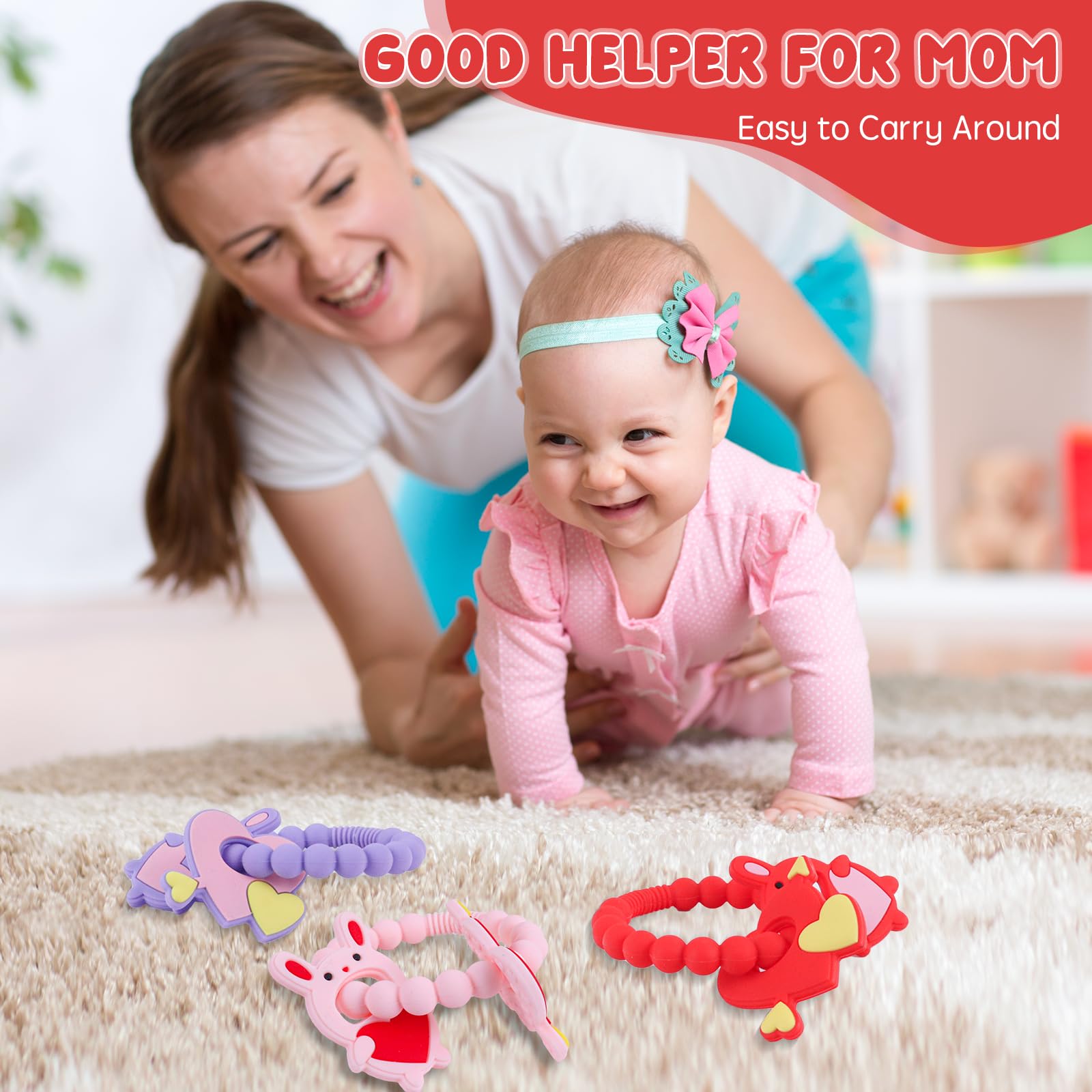 Valentine's Day Baby Teething Toys - Silicone Teethers for 0-6 Months, Easy-Grip Cupid & Heart Rabbit Design, Perfect for Valentine's Gifts & Soothing Sore Gums During Teething