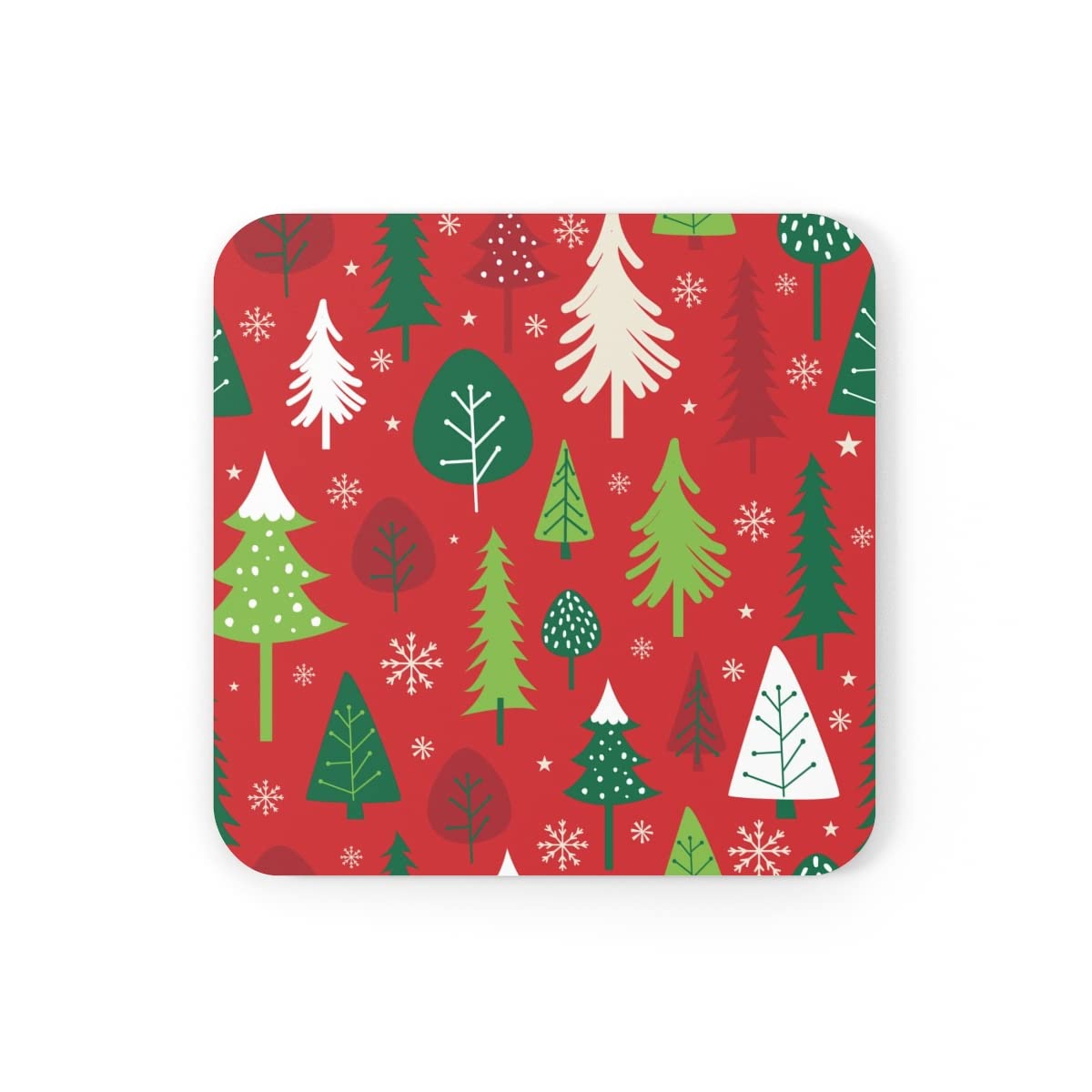 Christmas Wooden Coasters Set of 4 - 3.5 x 3.5 Inch Holiday Tree Printed Drink Coasters for Dining Table, Office & Home Decor - Perfect Xmas Gift for Family & Friends - Ideal for Holiday Parties, Dinner Gatherings and Festive Home Decoration