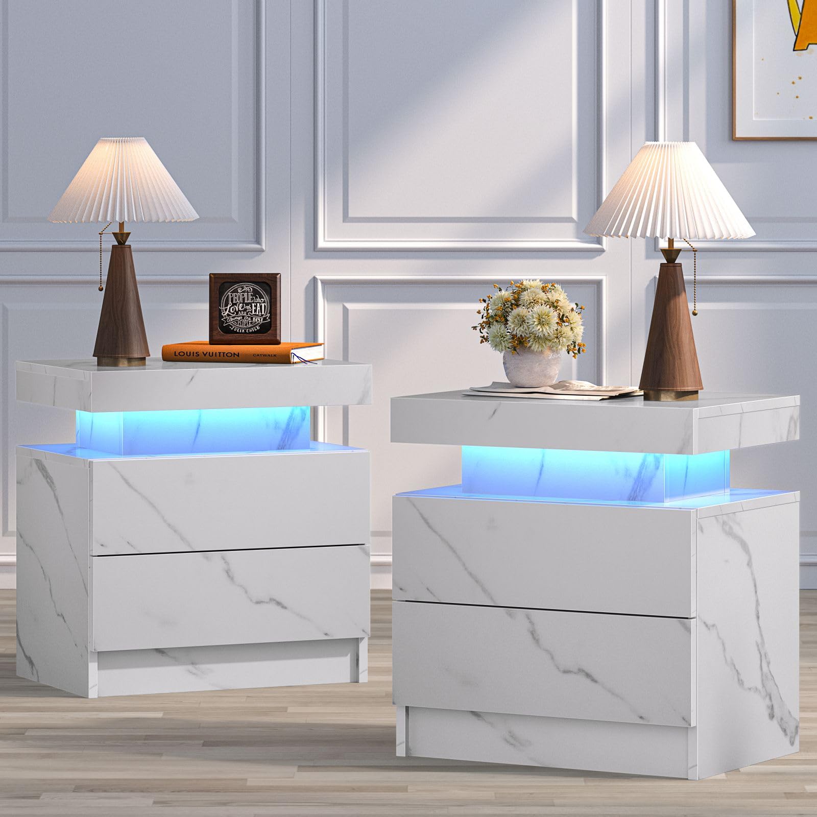 2-Piece LED Nightstand Set with 2 Drawers - White Marble Bedside Table with Touch Control Lighting for Bedroom, Living Room & Guest Room