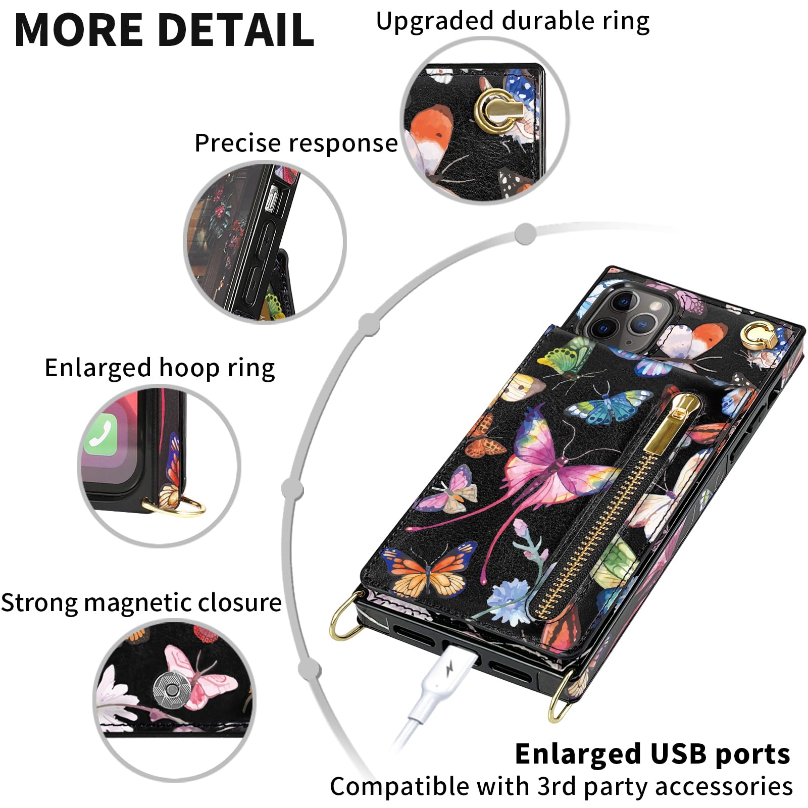 HOGGU Floral Leather Crossbody Wallet Phone Case for iPhone 11 Pro Max with Card Holder, Strap, Kickstand & Zipper Purse - Protective Women's Case Butterfly Design | Perfect for Everyday Use, Travel & Shopping