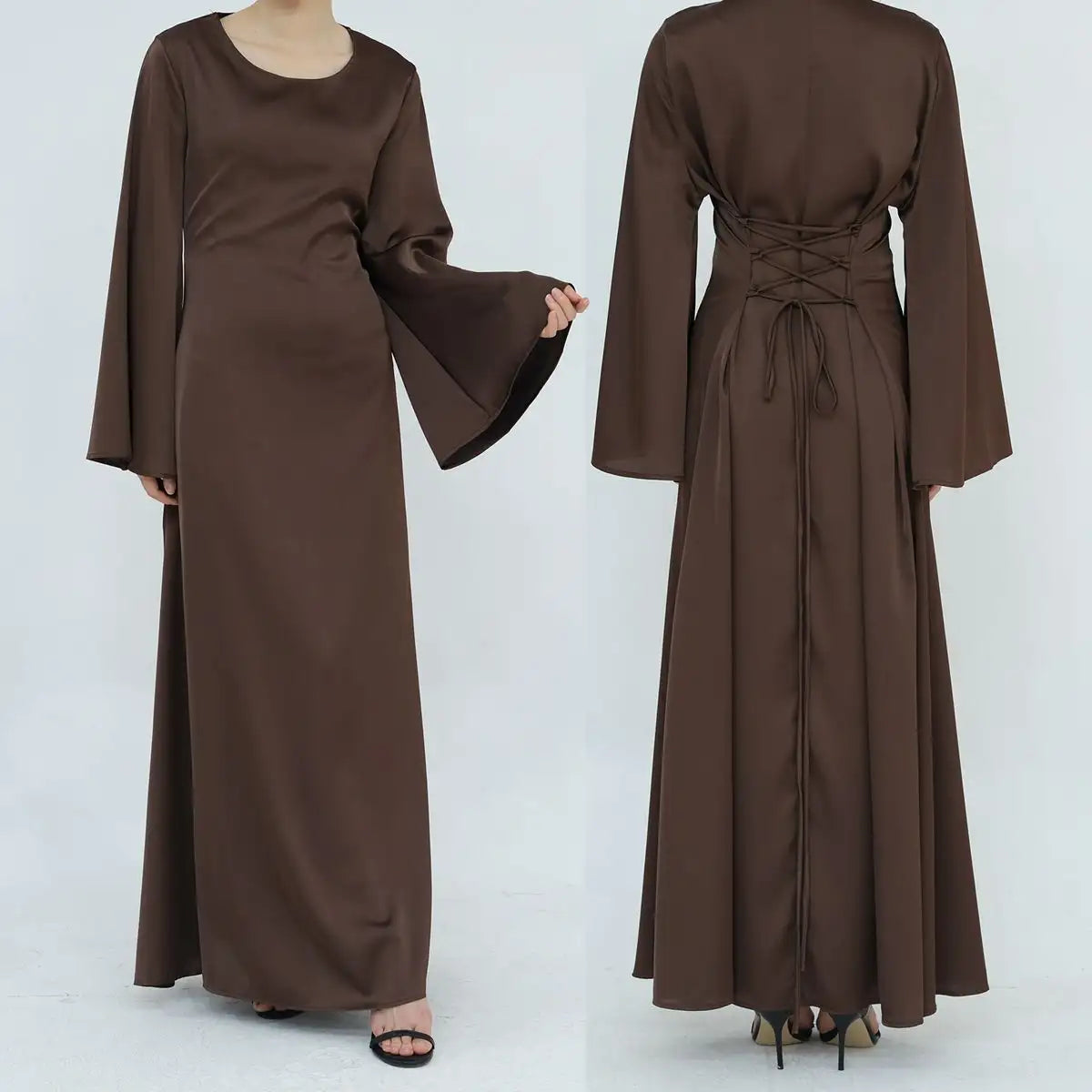 Elegant Adjustable Belt Satin Abaya Dress for Women - Modest Islamic Prayer Dress for Eid, Wedding & Special Occasions