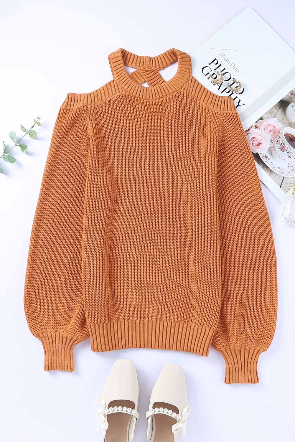 Stylish Brown Cold Shoulder Sweater for Women - Trendy Off-Shoulder Knit Top for Fall & Winter - Perfect for Dates, Parties & Casual Outings