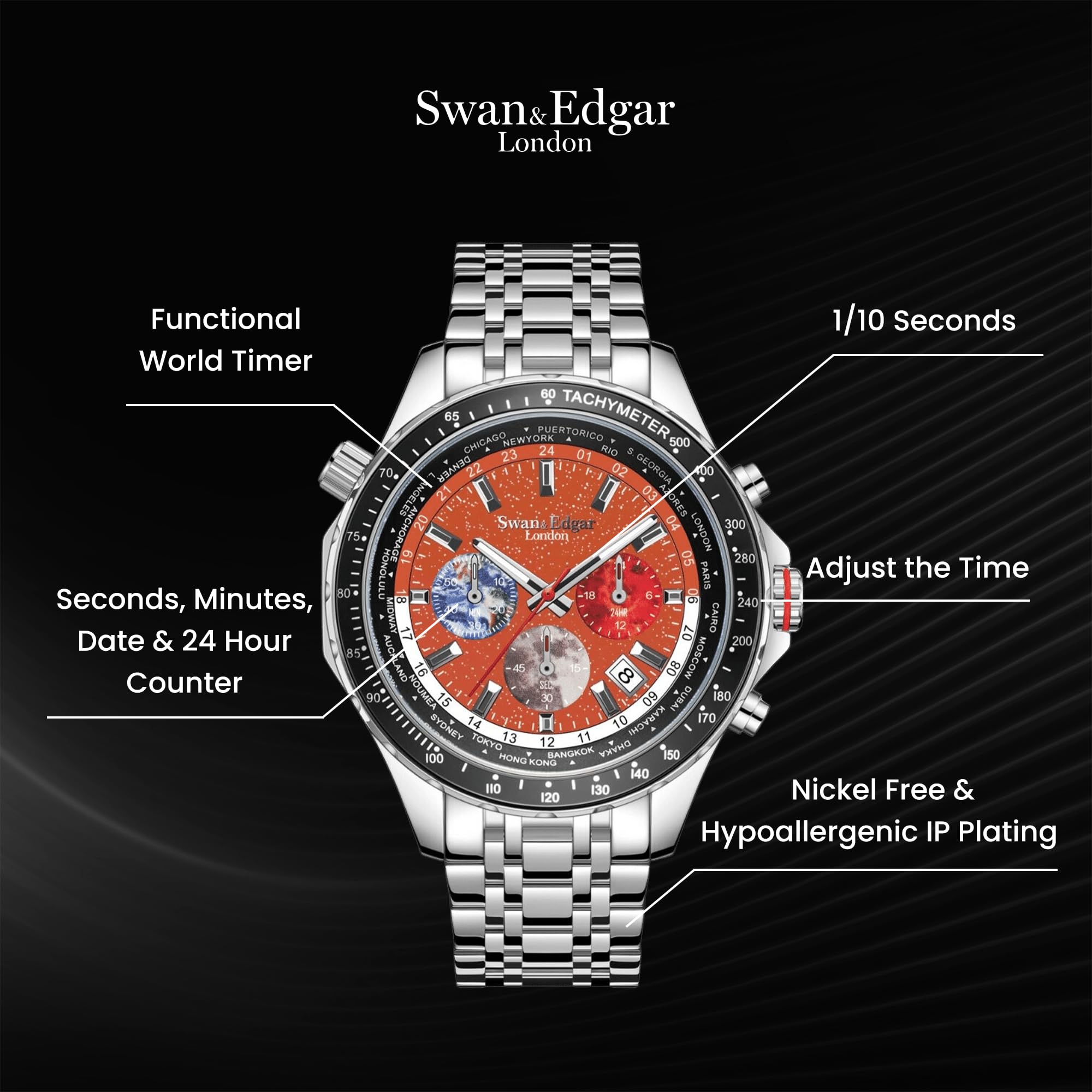 SWAN AND EDGAR World Timer Chronograph Watch for Men - Mechanical Quartz Movement, Scratch-Resistant Sapphire Crystal, 30m Water Resistant, Hand-Assembled with 5-Year Warranty | Perfect for Business, Travel & Formal Occasions