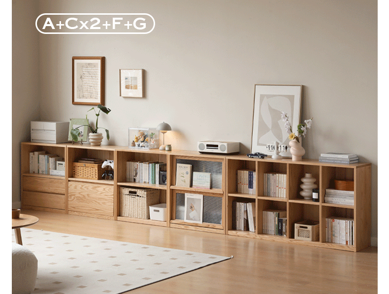 Solid Oak Wood Bookcase - Free Combination Low Cabinet & Floor Standing Bookshelf for Living Room, Office, or Library Storage