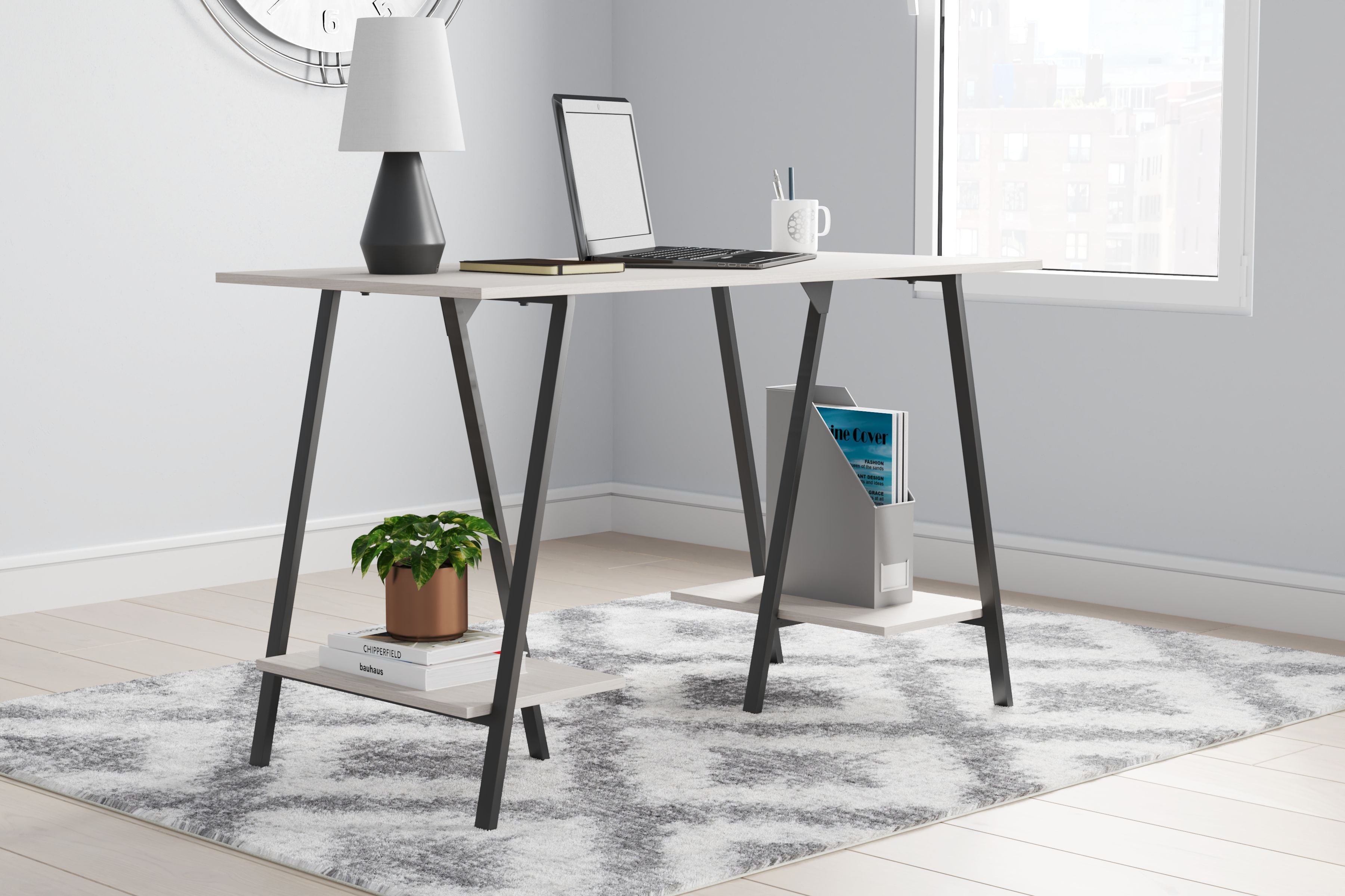 Bayflynn White & Black Home Office Desk with 2 Fixed Shelves - Perfect for Small Spaces, Remote Work & Study