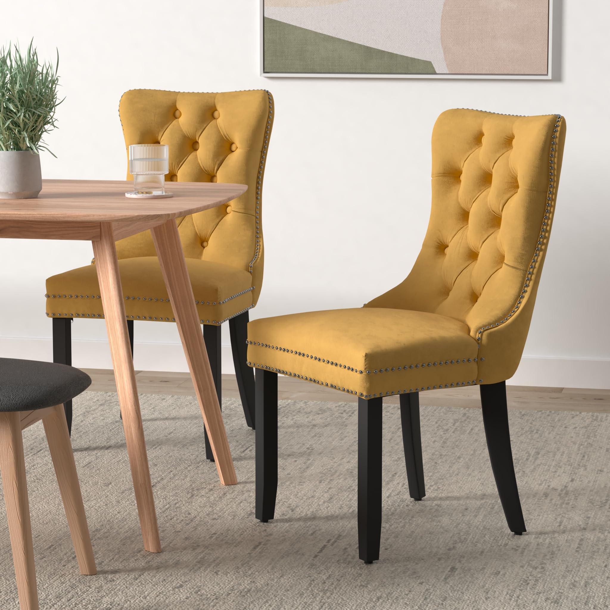 Luxury Velvet Dining Chairs Set of 2 - Upholstered Tufted Accent Chairs with Ring Pull Trim & Button Back, Mid-Century Modern Dining Room Chairs for Kitchen, Living Room, Bedroom (Gold) | Perfect for Home Decor, Dinner Parties & Cozy Seating Areas