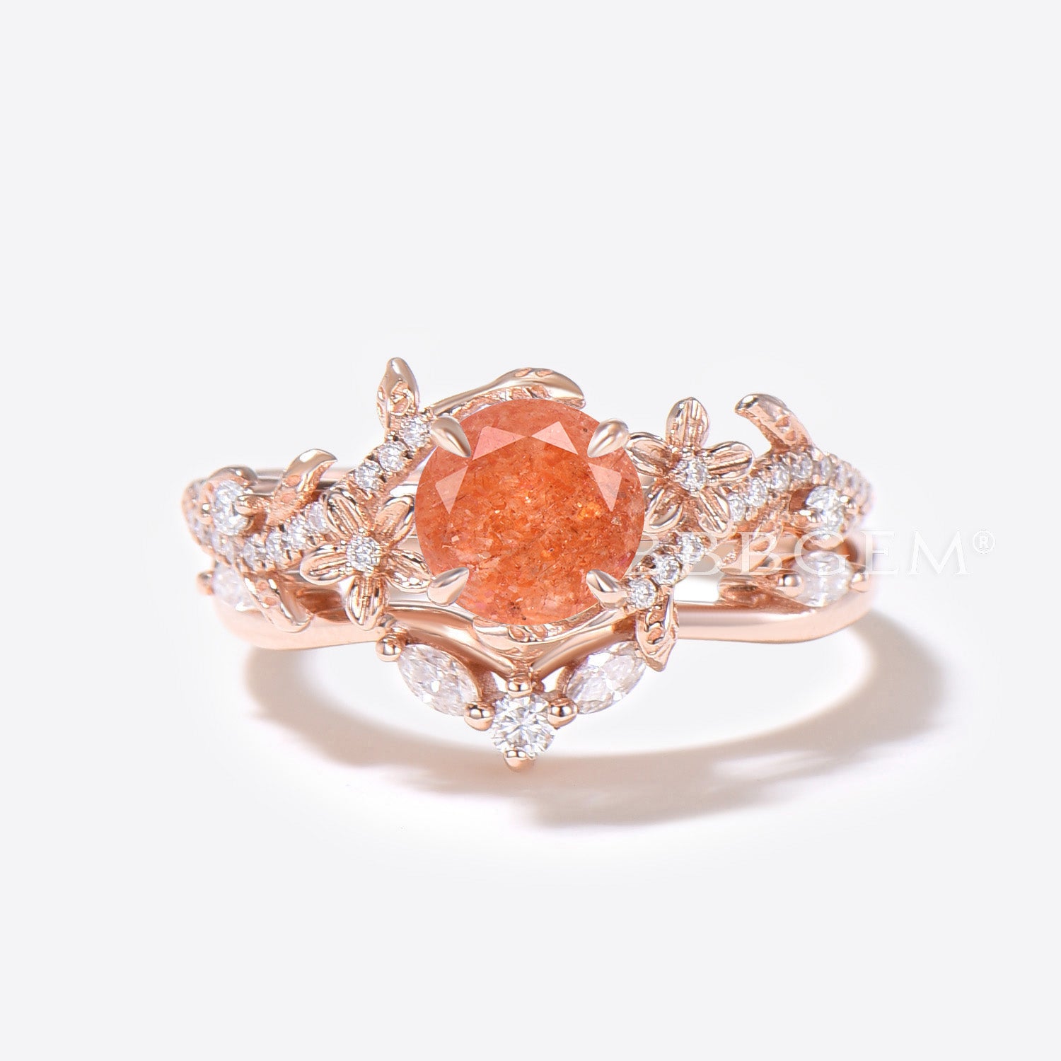 Twig Leaf Round Sunstone Engagement Ring Set - Rose Gold Floral Wedding Band for Women, Perfect for Bridal Jewelry, Proposals & Anniversary Gifts