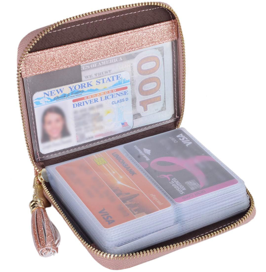 Easyoulife Women's RFID Blocking Leather Credit Card Holder Wallet with Zip Closure - Glitter Gold | Slim & Secure Card Case for Everyday Use, Travel, and Business