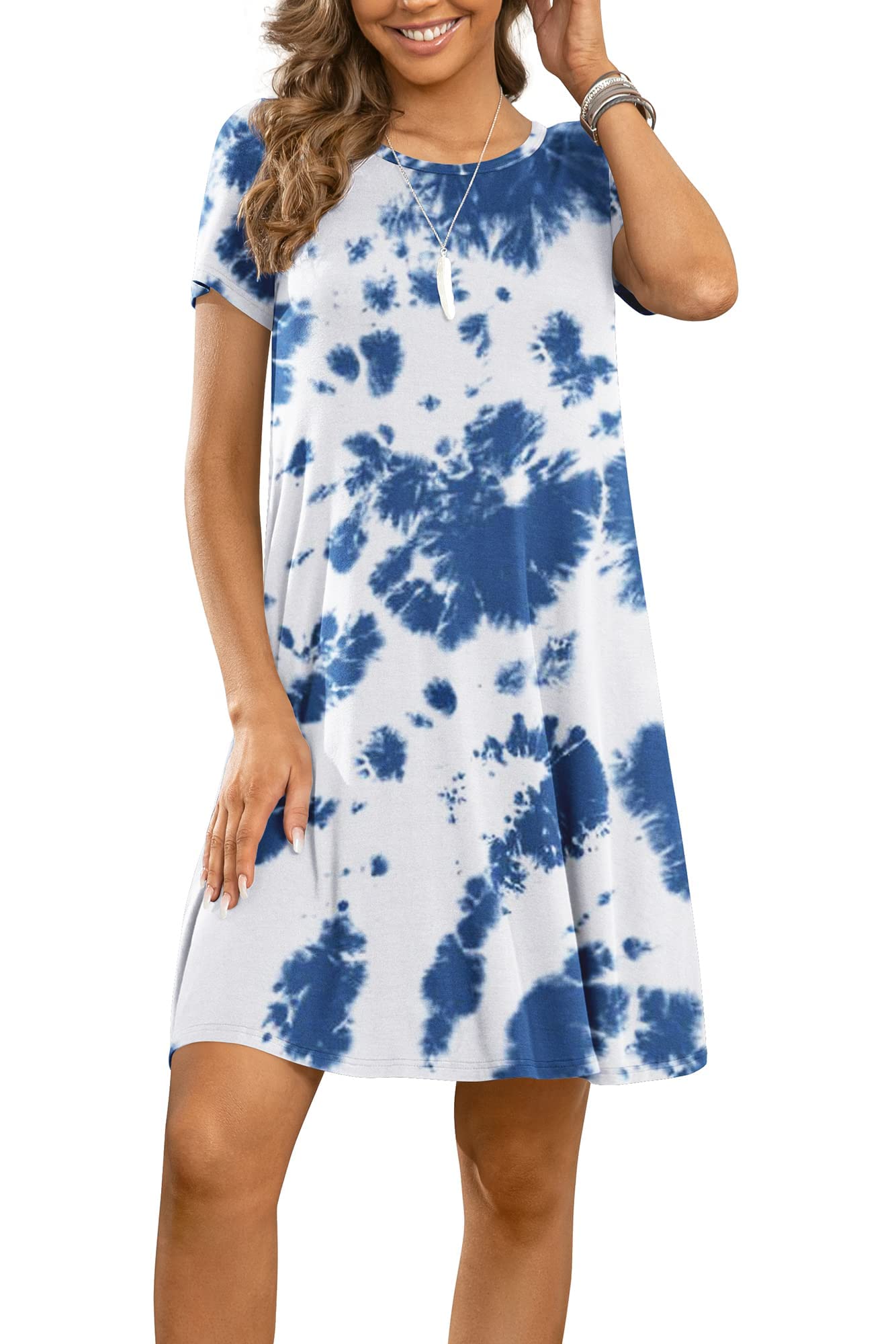DUSDIMON Women's Summer Casual T-Shirt Dress - Short Sleeve Loose Fit Beach Cover Up Dress for Vacation, Outing, and Daily Wear