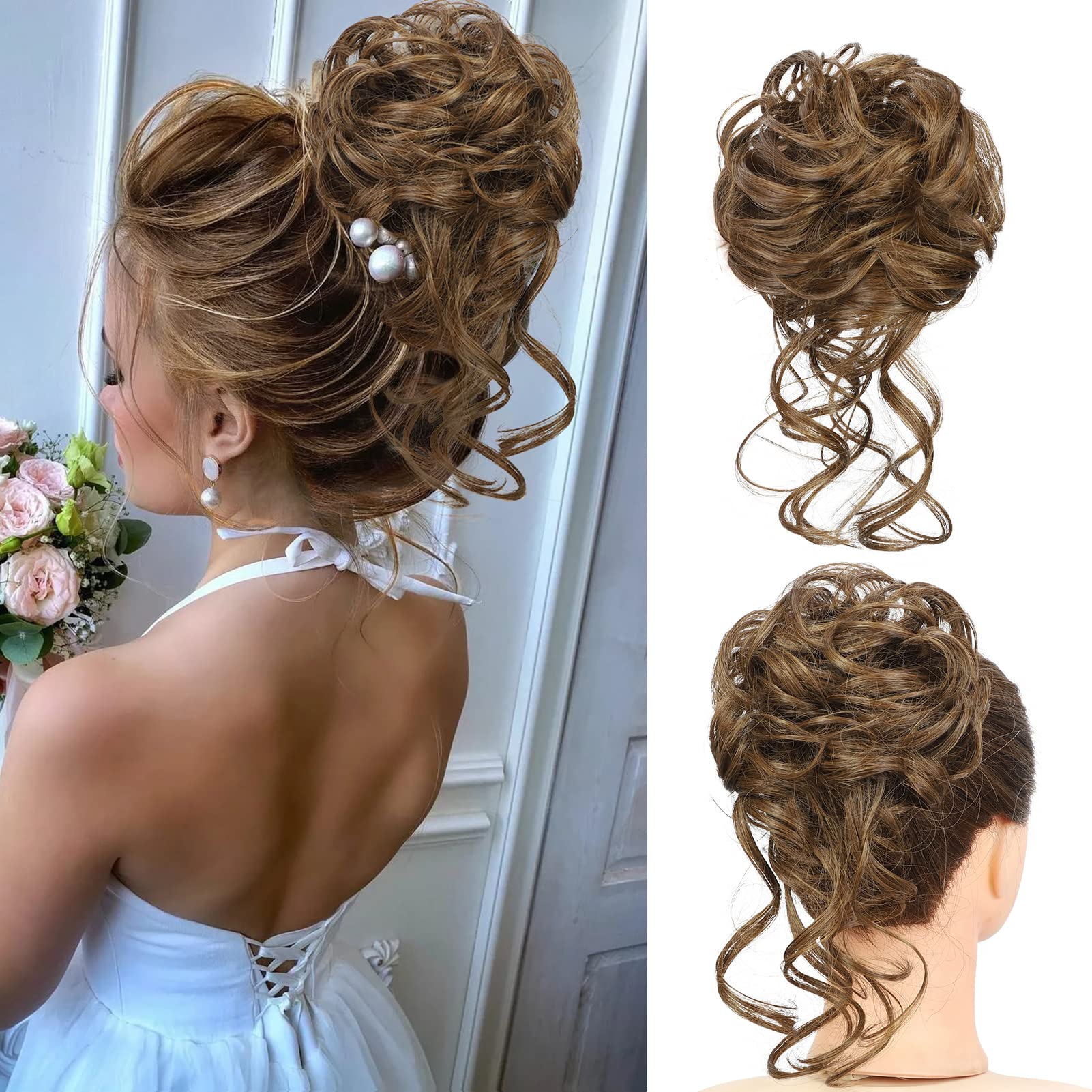 Earfodo Messy Bun Hair Extension for Women - Synthetic Hair Bun Ponytail Piece in Medium Golden Brown (8/27#) - Perfect for Daily Wear, Work, and Casual Outfits