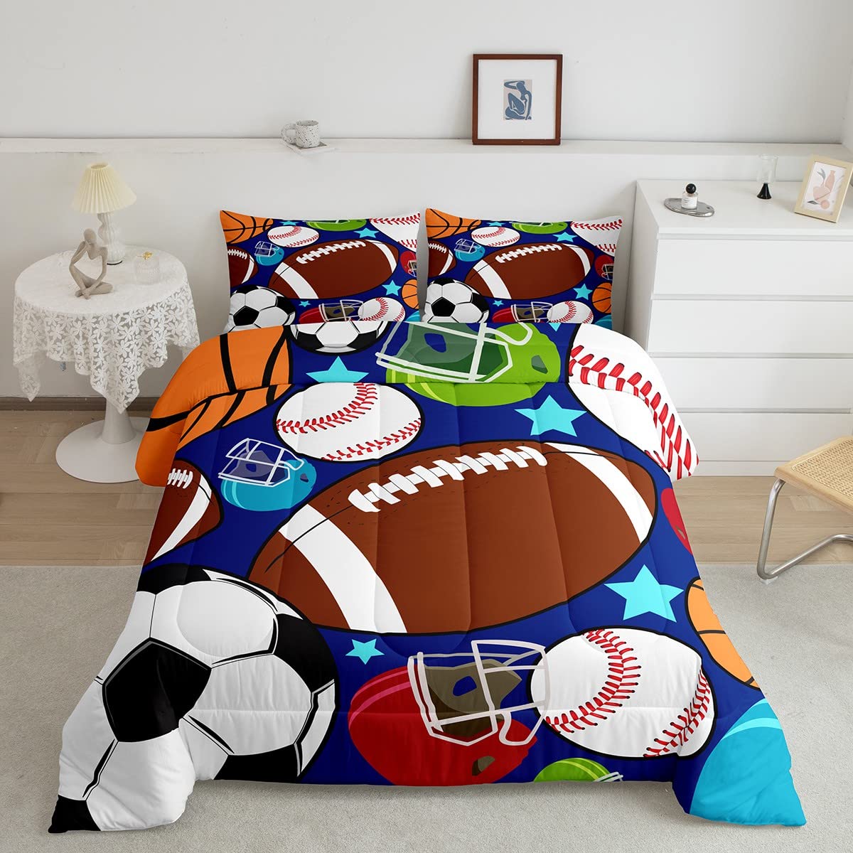 Kids Sports Comforter Set - Football, Basketball, Baseball - Queen Size with Pillowcases for Boys Bedroom