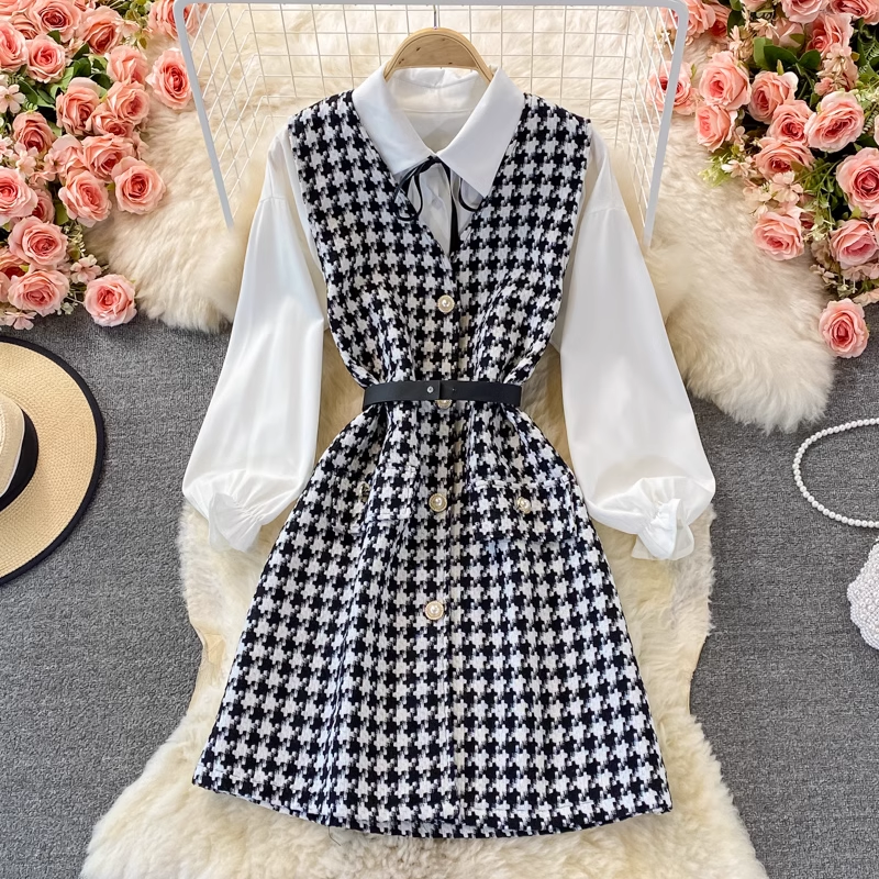 Elegant Autumn V-Neck Long Sleeve Vest & Shirt Two-Piece Set 1378 | Women's Fashion Outfit for Work, Dating & Fall Season