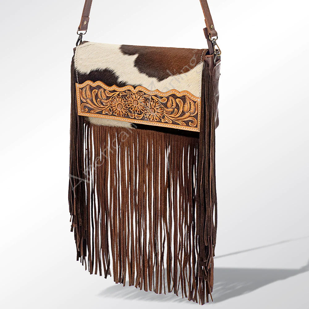 American Darling Brown & White Fringe Leather Purse - Stylish Boho Crossbody Bag for Women, Perfect for Parties, Concerts & Everyday Use