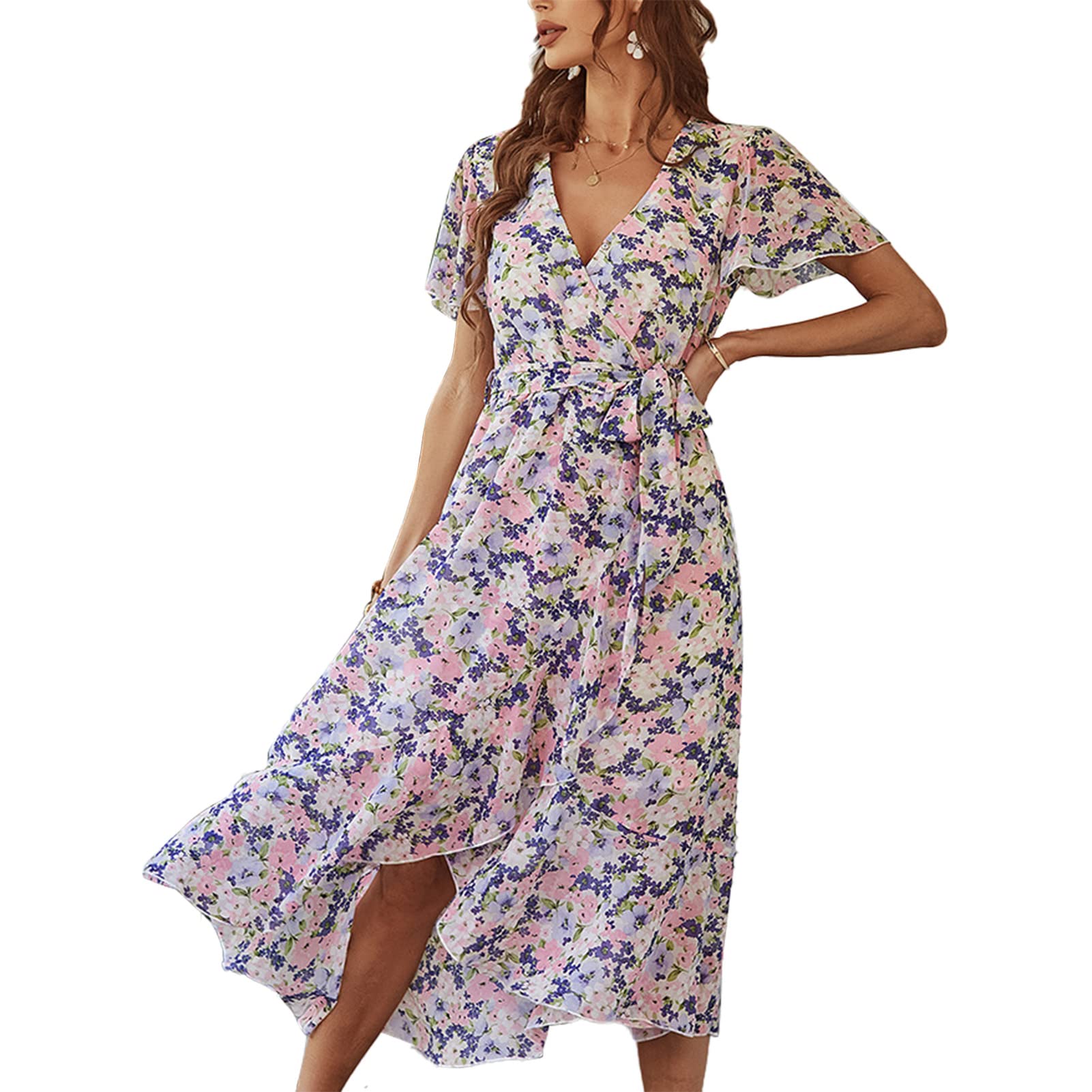 Women's Floral V-Neck Midi Dress with Slit & Short Sleeves - Casual Swing Dress for Summer, Holiday, Beach, Party & Date Night Outfits