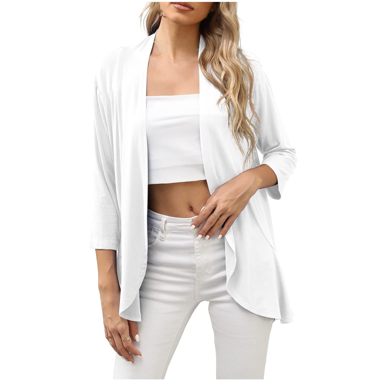 Women's Lightweight 3/4 Sleeve Open Front Cardigan - Summer Casual Solid Color Blouse Tops | Perfect for Office, Beach Cover-Up & Everyday Wear