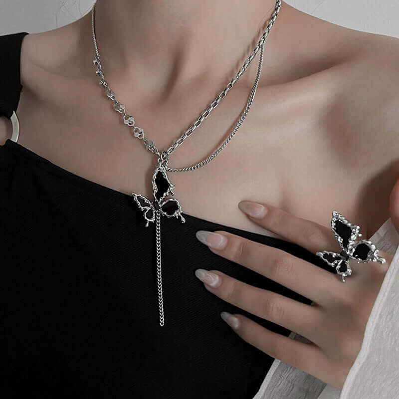 Y2K Butterfly Half Chain Y Necklace with Tassel - Trendy Layered Choker for Women | YX346 | Perfect for Parties, Date Night & Boho Fashion