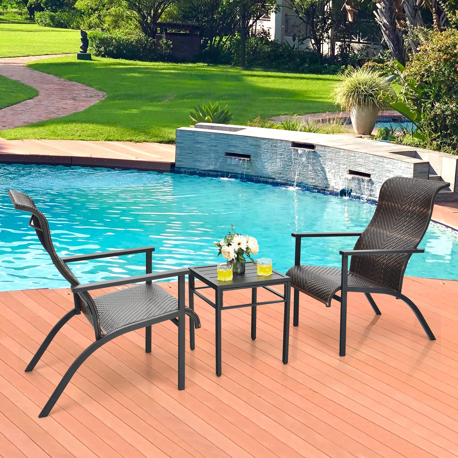 Tangkula 3-Piece Outdoor Bistro Set - PE Wicker Chairs & Coffee Table, Rust-Resistant Steel Frame, High Back Support - Perfect for Patio, Garden, Poolside, Deck or Backyard (Mix Brown) | Outdoor Dining & Relaxation Furniture