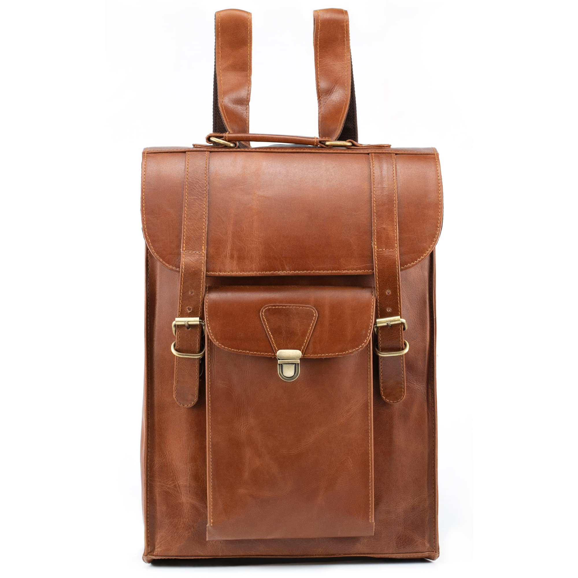 Handmade Genuine Leather Backpack - Convertible to Vertical Messenger Bag for 17 Inch Laptop - Business & Travel Computer Bag (Brown) | Perfect for Office Commute, College Students & Digital Nomads