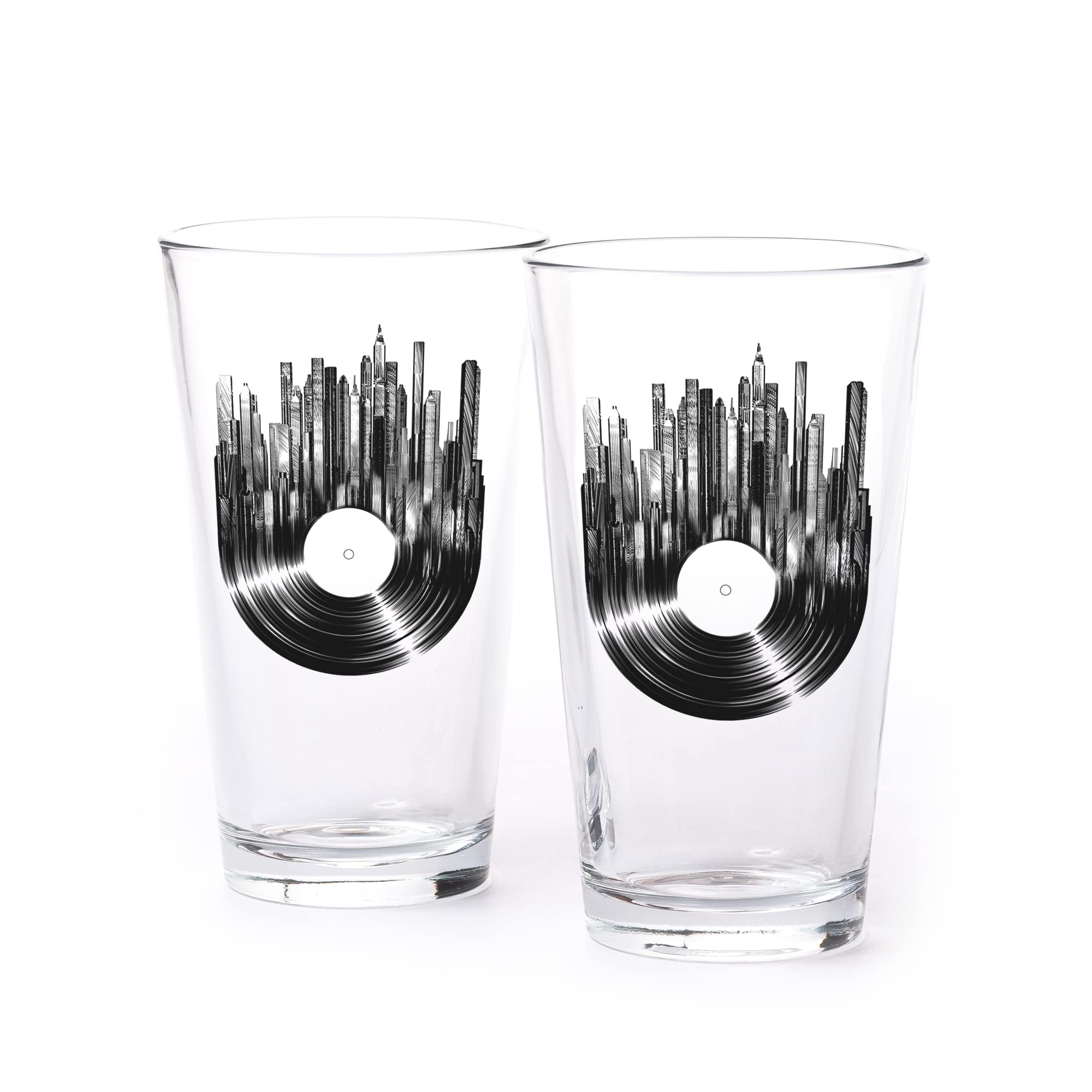 Black Lantern 16 oz Pint Glasses Set of 2 - Music Themed Vinyl Record Cityscape Beer Mugs - Highball Bar Glasses for Home, Kitchen & Parties - Perfect for Beer Lovers, Housewarming Gifts & Themed Events