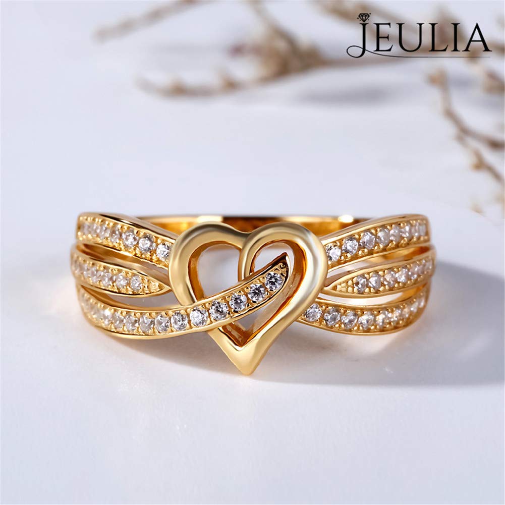 Jeulia 14K Gold Plated Heart Wedding Band - Personalized Curved Multi-Row Engagement Ring with Round Cut Cubic Zirconia - Sterling Silver Promise Ring for Women, Anniversary & Bridal Jewelry - Perfect for Weddings, Proposals & Romantic Gifts