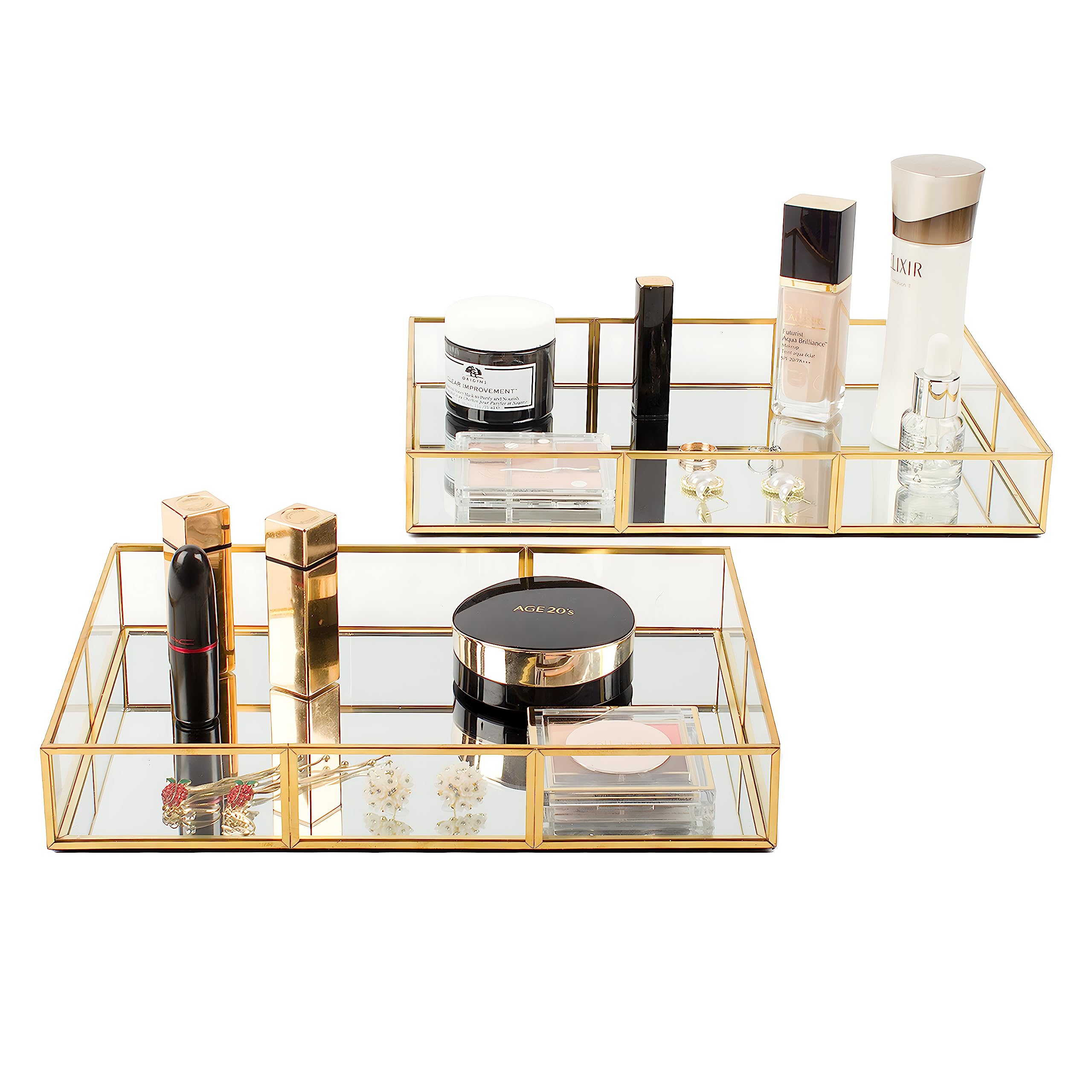 Gold Vanity Tray Set of 2 - Decorative Perfume & Jewelry Tray with Metal Frame for Dresser, Bathroom Counter, Nightstand - Perfect for Organizing Fragrances, Rings, Earrings & Home Decor Accessories