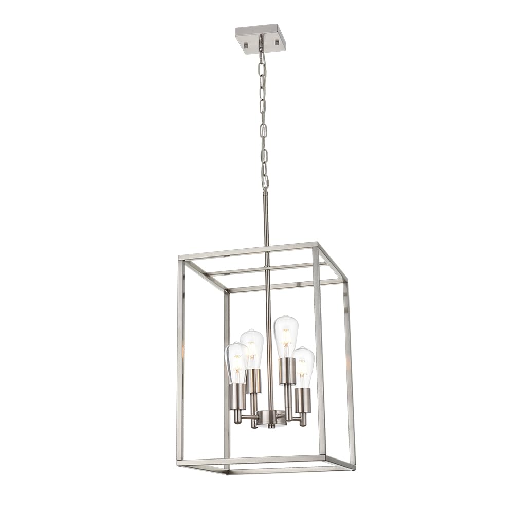 4-Light Brushed Nickel Chandelier - Industrial Square Metal Pendant Light for Foyer, Dining Room & Kitchen | Modern Ceiling Hanging Lantern Fixture for Home Decor