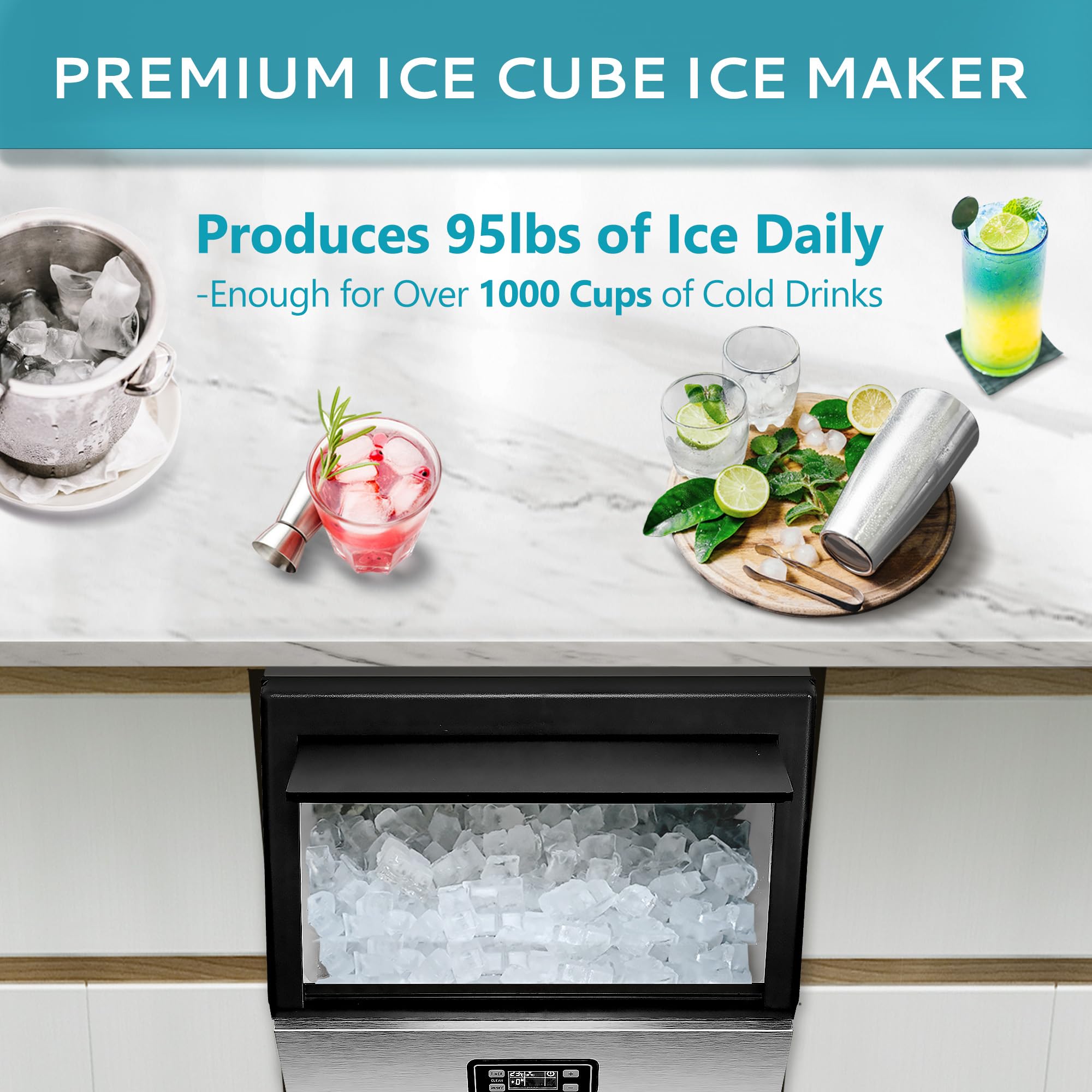 EUHOMY Commercial Ice Maker Machine - 95lbs Daily Output, 33lbs Storage Capacity, Stainless Steel Freestanding & Under Counter Ice Maker for Home, Bar, Restaurant, Outdoor Use - Perfect for Parties, Cocktails, and Camping
