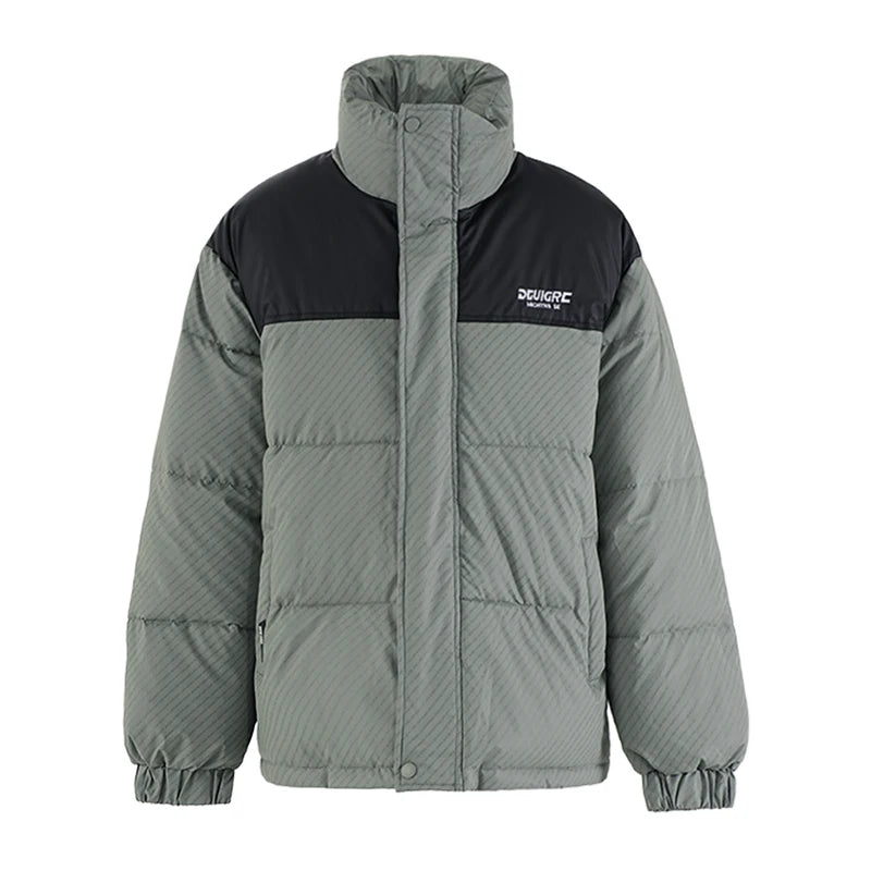 American Style Men's Cotton Jacket - Stand Collar Patchwork Letter Print Contrast Color Thick Padded Coat CPG2529 | Winter Outerwear for Casual Wear & Street Fashion