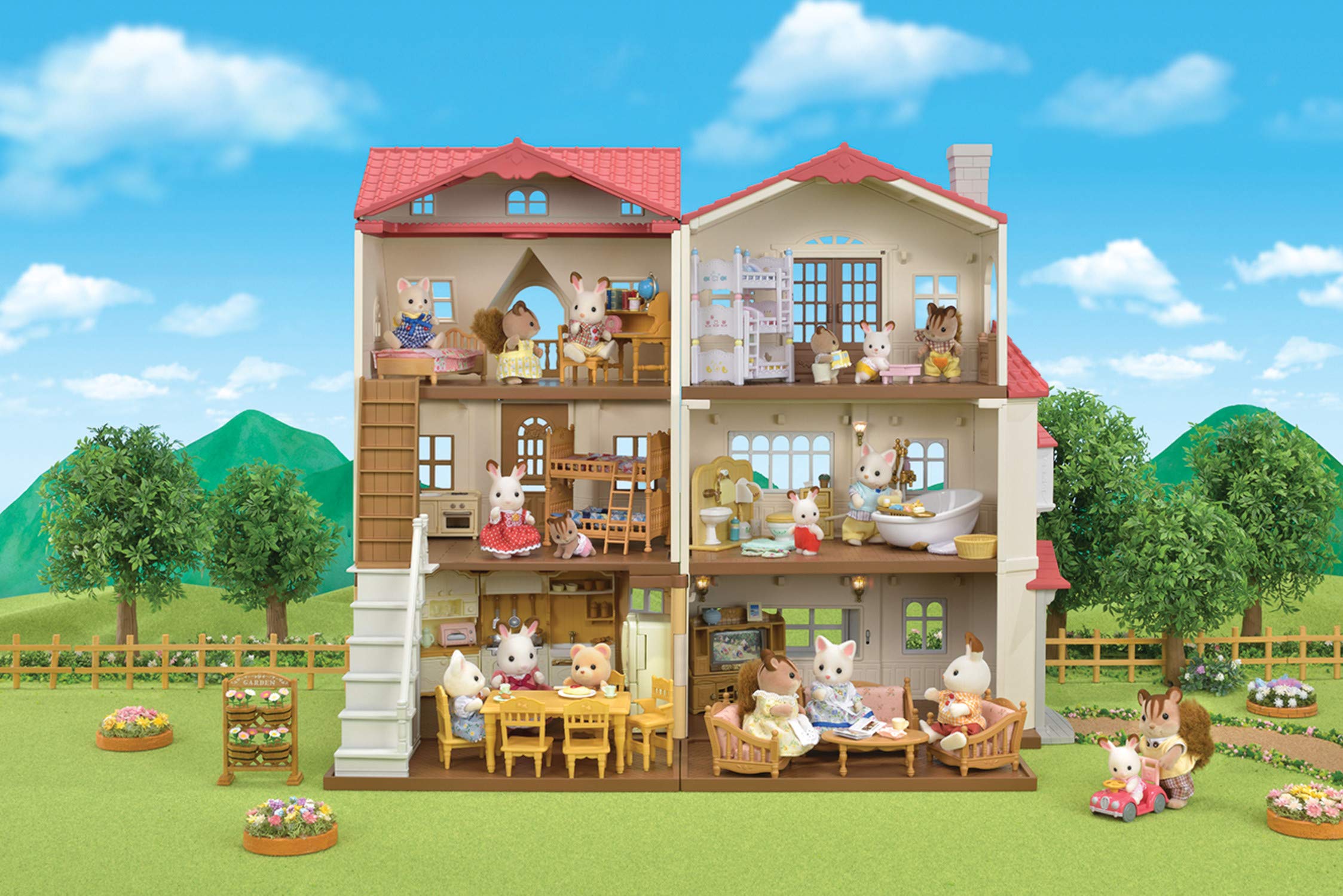 Calico Critters Red Roof Grand Mansion Dollhouse Playset - 3 Figures, Furniture, Vehicle & Accessories | Perfect Gift for Kids & Collectors | Pretend Play, Room Decor & Display