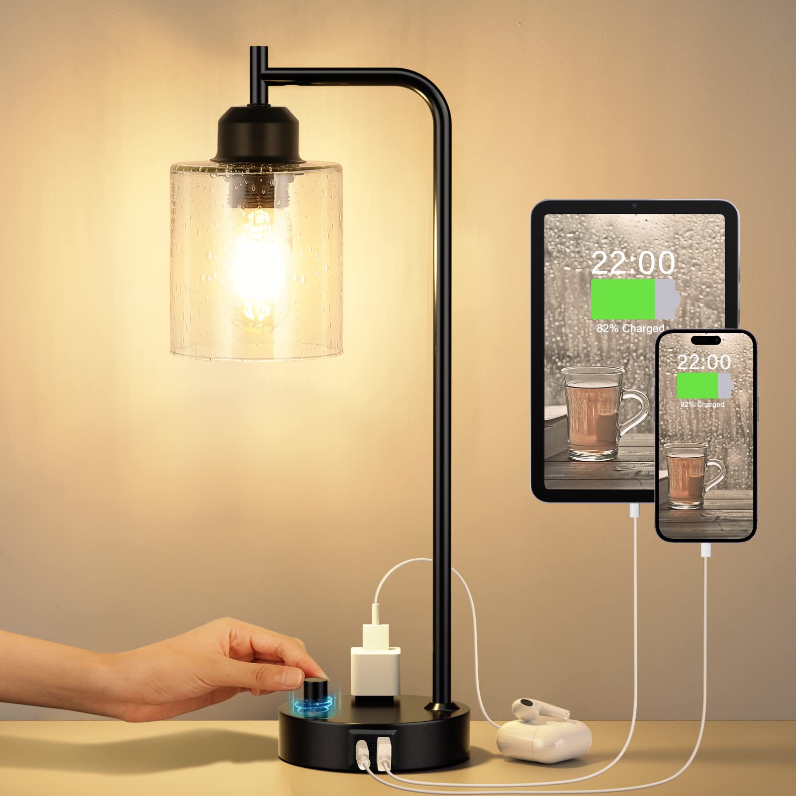 Industrial Bedside Table Lamp with USB C Charging Port - Dimmable Black Nightstand Lamp with Glass Shade for Bedroom, Office & Living Room | Perfect for Reading, Working & Charging Devices