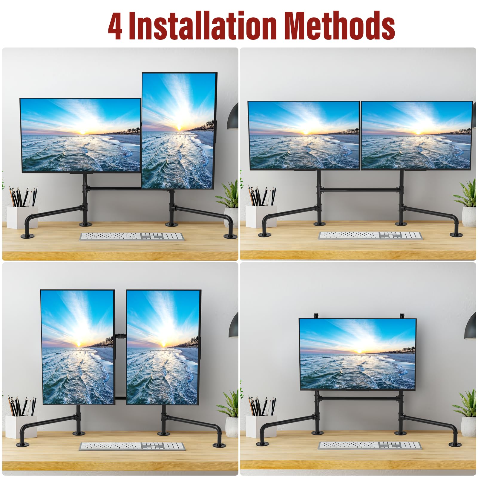 OYEAL Dual Monitor Stand for 13-27 Inch Screens - Adjustable Free Standing Desk Mount with Heavy-Duty Base for 2 Computer Monitors (Black) - Perfect for Home Office, Gaming Setup & Workspace Ergonomics
